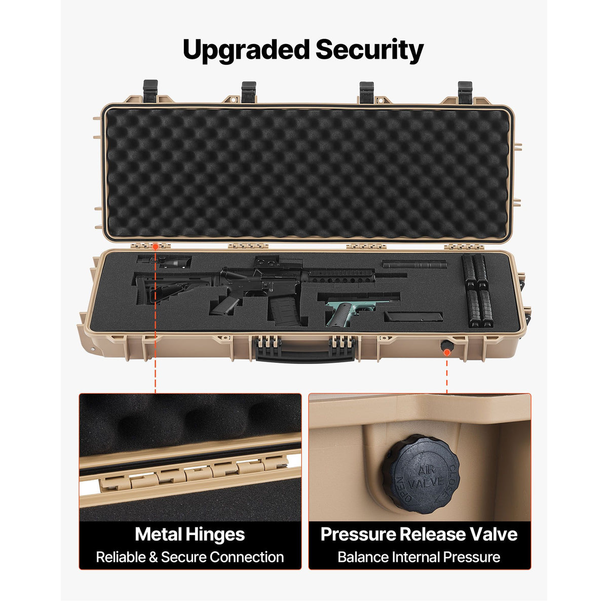 Hard Rifle Case, Lockable Rifle Case with Pre-cut Foams, 1016 mm Gun Storage with Wheels, IP67 Waterproof & Dustproof Movable Large Pistol Storage for Rifles, Shotguns, Airsoft Guns, Khaki
