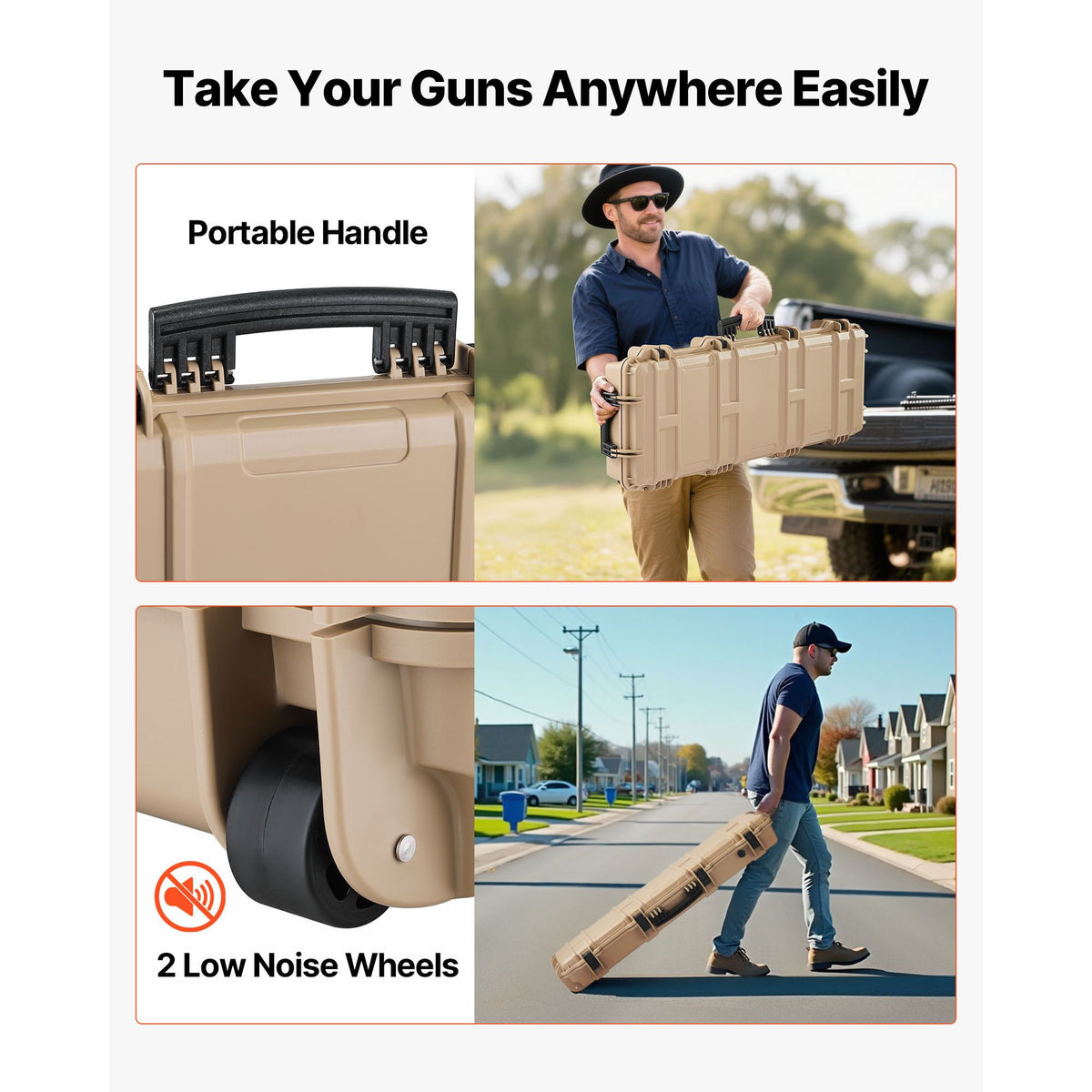 Hard Rifle Case, Lockable Rifle Case with Pre-cut Foams, 1016 mm Gun Storage with Wheels, IP67 Waterproof & Dustproof Movable Large Pistol Storage for Rifles, Shotguns, Airsoft Guns, Khaki