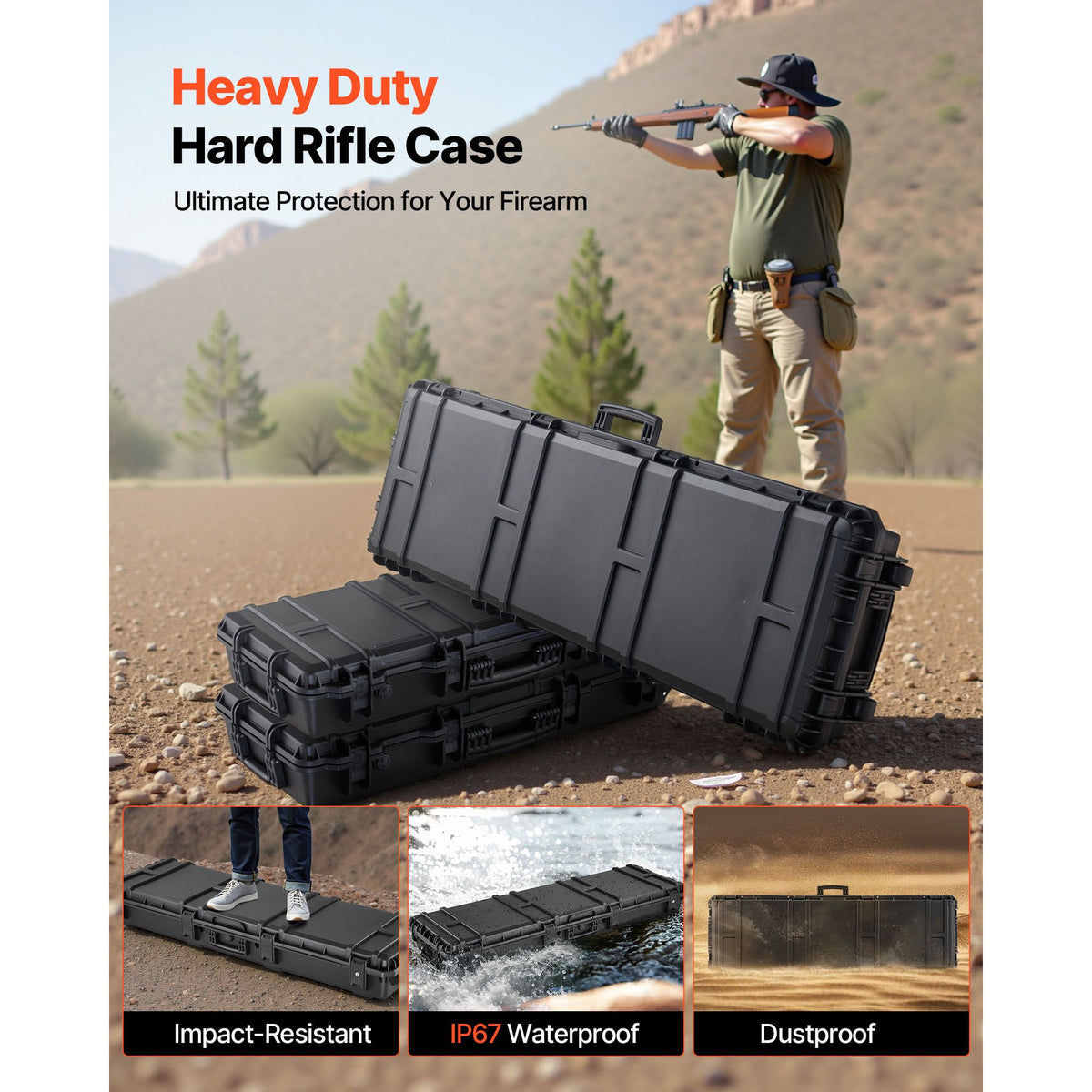 Hard Rifle Case, Lockable Rifle Case with Detachable XPE Foam, 1270 mm Gun Storage with Wheels, IP67 Waterproof & Dustproof Pistol Storage Cases for Rifles, Shotguns, Airsoft Guns, Black