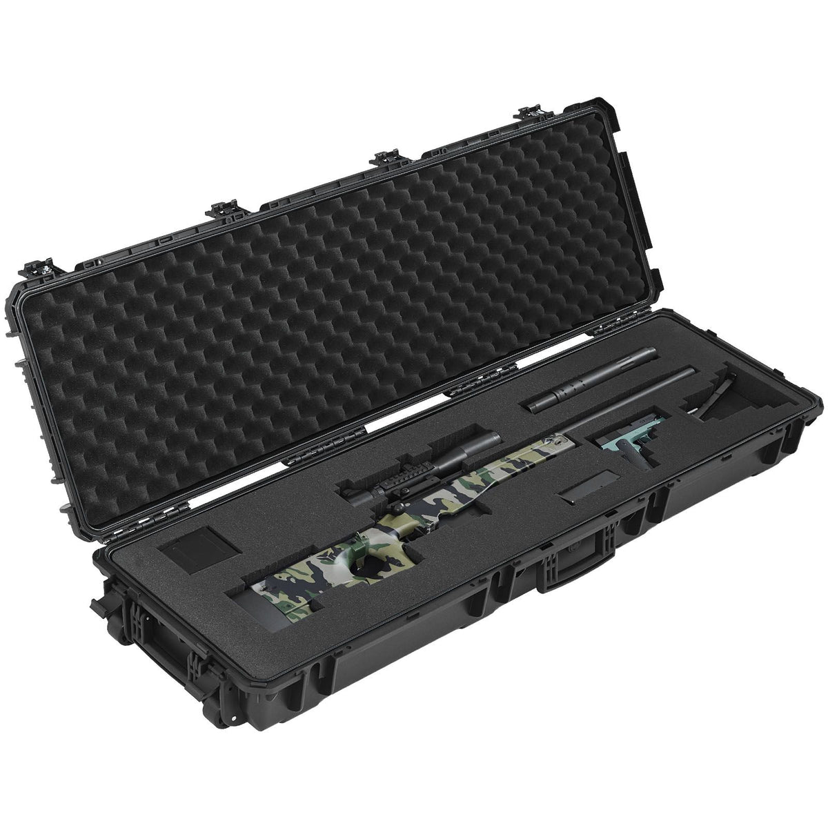 Hard Rifle Case, Lockable Rifle Case with Pre-cut Foams, 1320 mm Gun Storage with Wheels, Heavy Duty IP67 Waterproof & Dustproof Pistol Storage Cases for Rifles, Shotguns, Airsoft Guns, Black