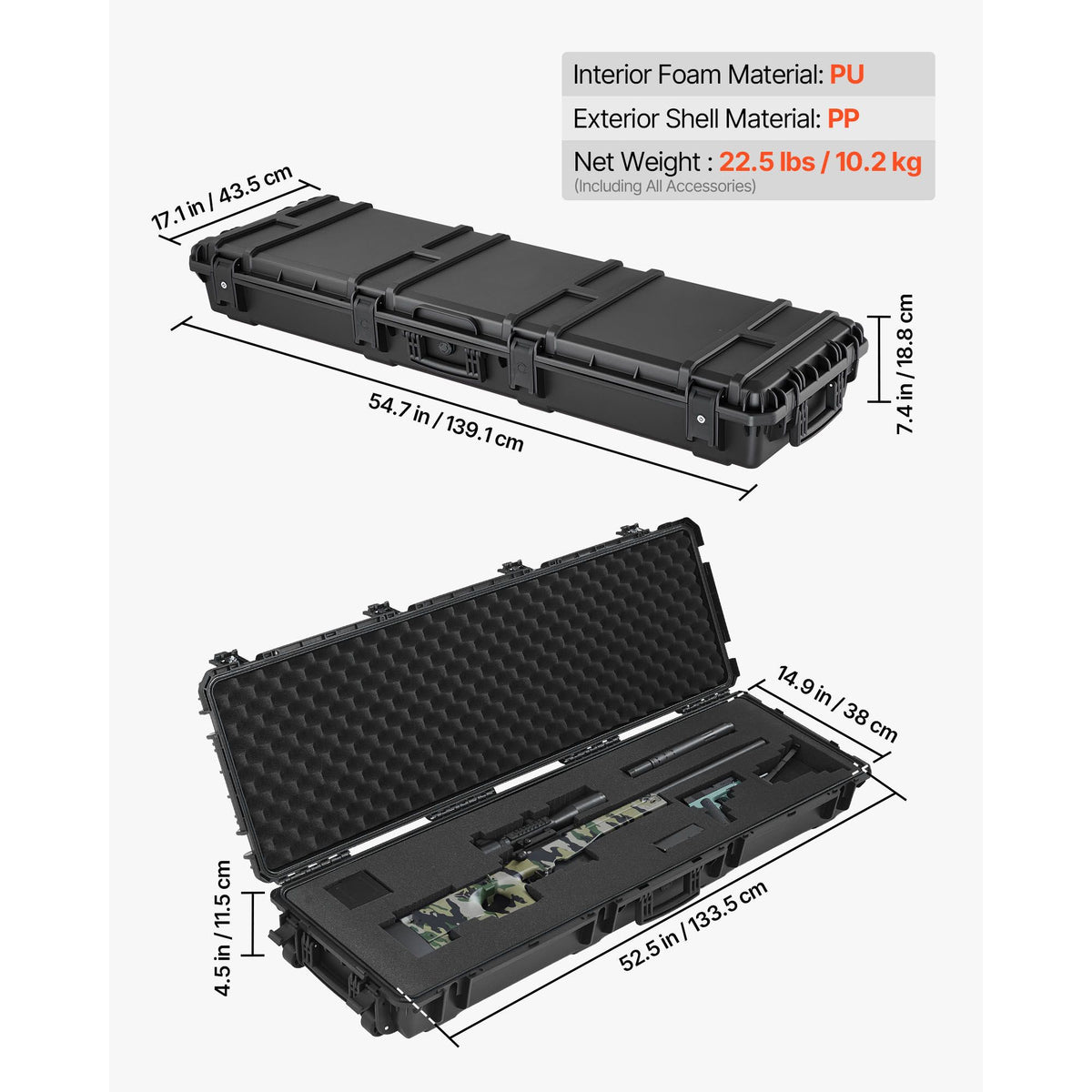 Hard Rifle Case, Lockable Rifle Case with Pre-cut Foams, 1320 mm Gun Storage with Wheels, Heavy Duty IP67 Waterproof & Dustproof Pistol Storage Cases for Rifles, Shotguns, Airsoft Guns, Black