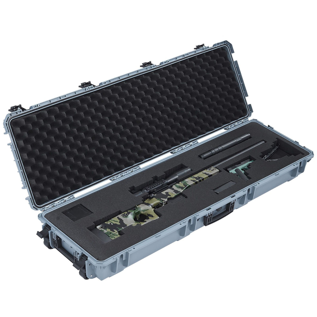 Hard Rifle Case, Lockable Rifle Case with Pre-cut Foams, 1320 mm Gun Storage with Wheels, Heavy Duty IP67 Waterproof & Dustproof Pistol Storage Cases for Rifles, Shotguns, Airsoft Guns, Grey