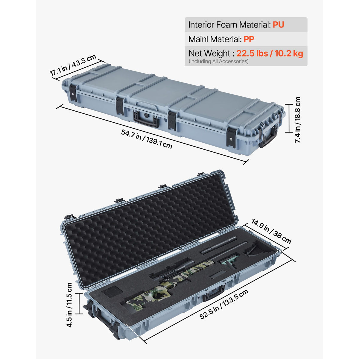 Hard Rifle Case, Lockable Rifle Case with Pre-cut Foams, 1320 mm Gun Storage with Wheels, Heavy Duty IP67 Waterproof & Dustproof Pistol Storage Cases for Rifles, Shotguns, Airsoft Guns, Grey