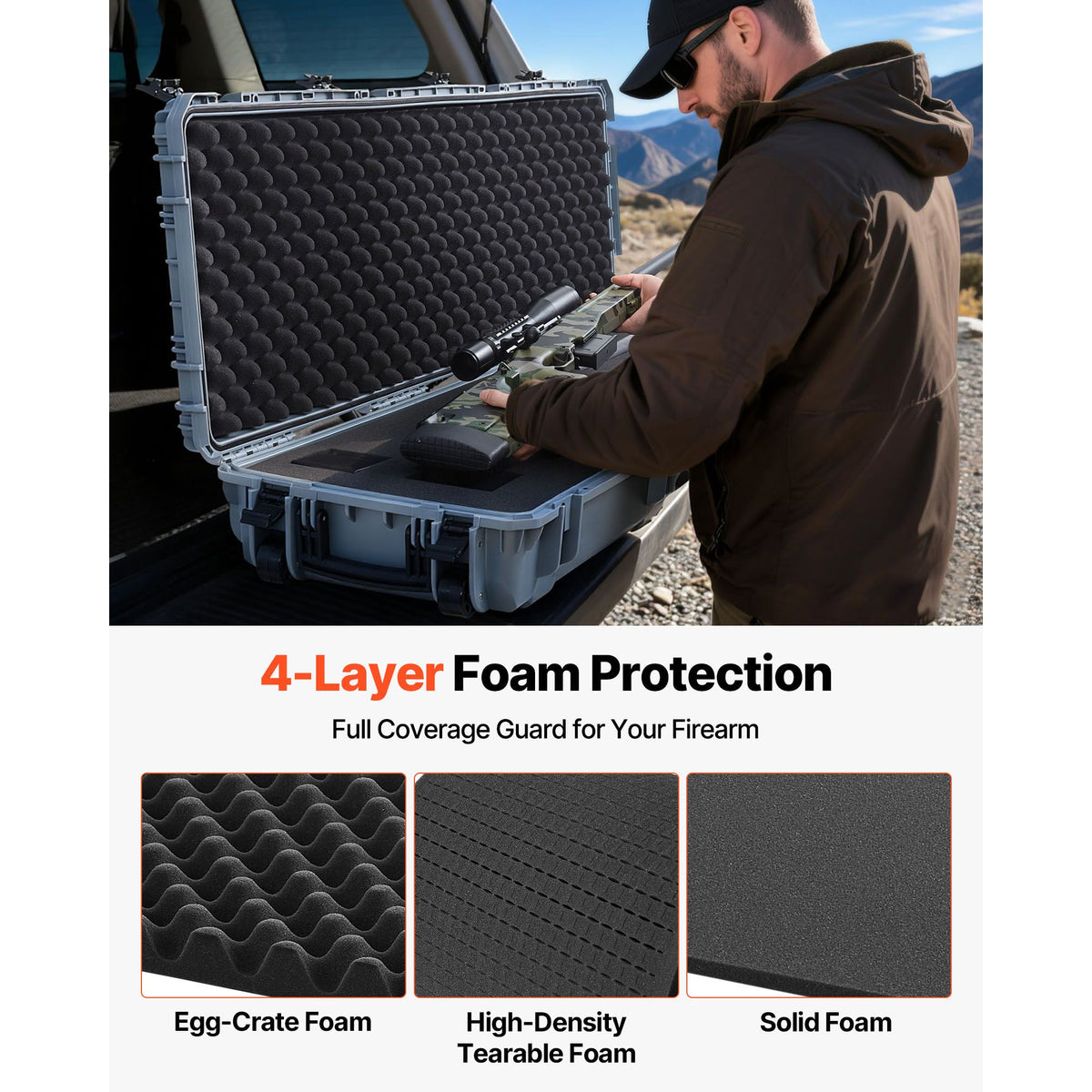Hard Rifle Case, Lockable Rifle Case with Pre-cut Foams, 1320 mm Gun Storage with Wheels, Heavy Duty IP67 Waterproof & Dustproof Pistol Storage Cases for Rifles, Shotguns, Airsoft Guns, Grey