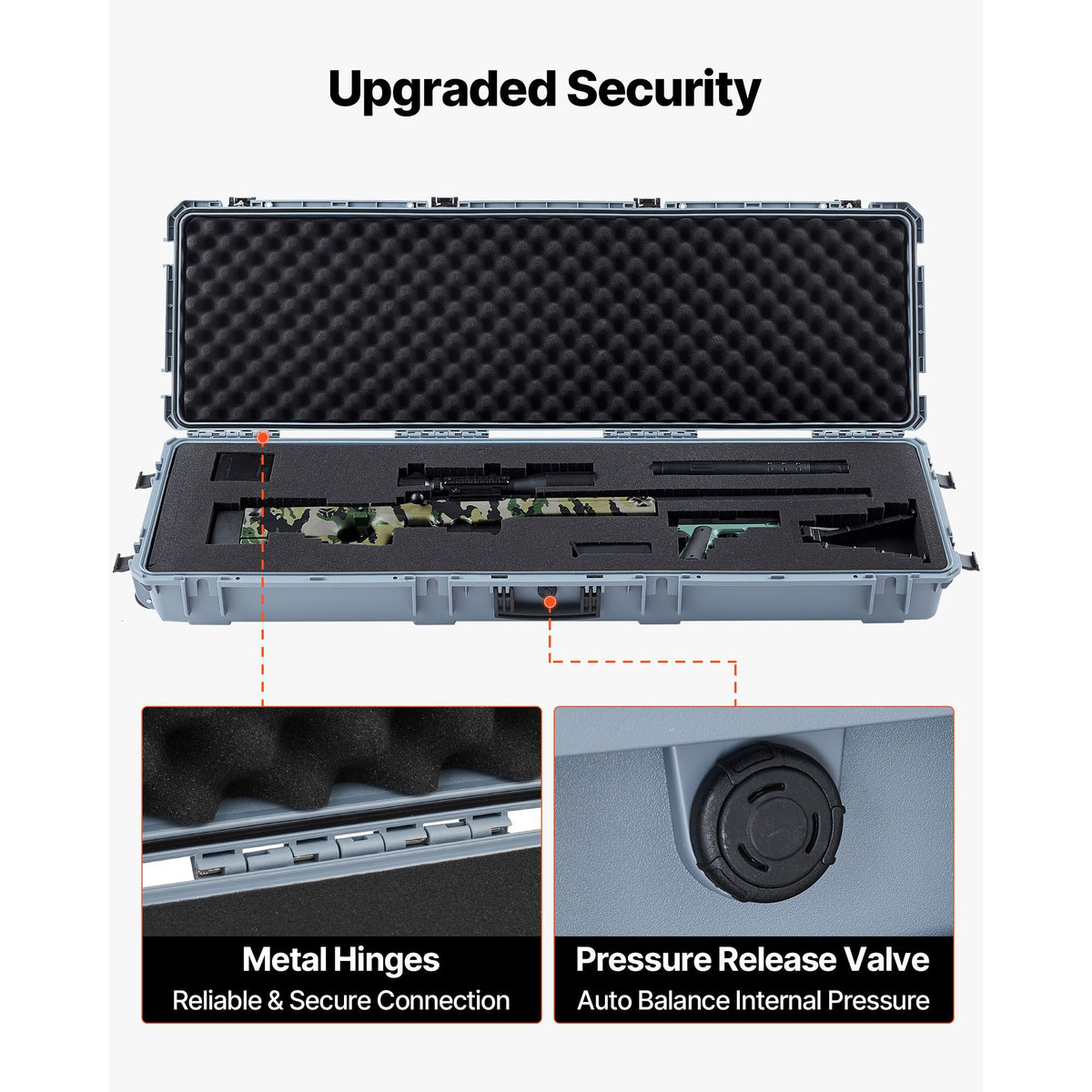 Hard Rifle Case, Lockable Rifle Case with Pre-cut Foams, 1320 mm Gun Storage with Wheels, Heavy Duty IP67 Waterproof & Dustproof Pistol Storage Cases for Rifles, Shotguns, Airsoft Guns, Grey