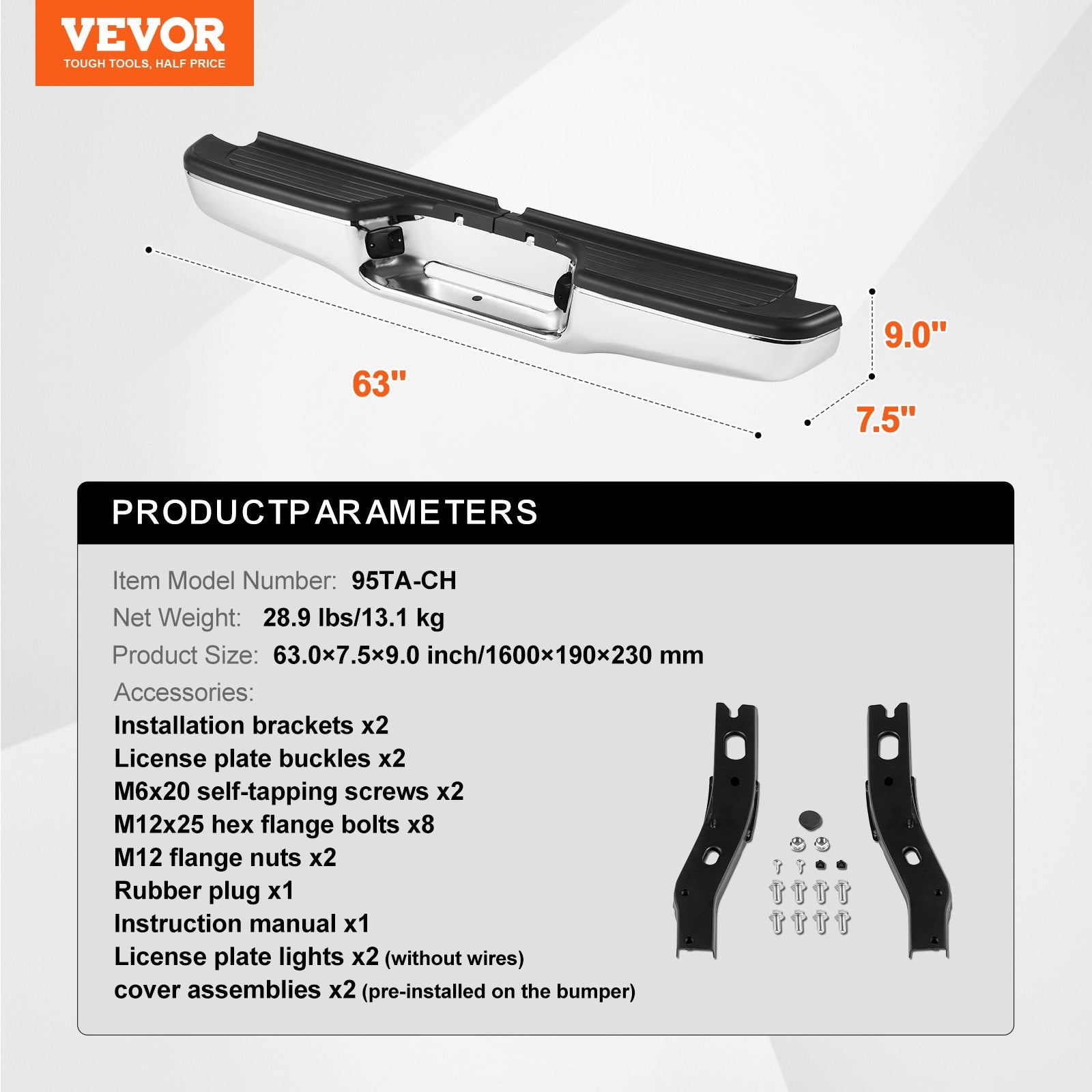 Automotive Parts: VEVOR Rear Step Bumper Chrome Steel Bumper Assembly for 1995-2004-Toyota Tacoma