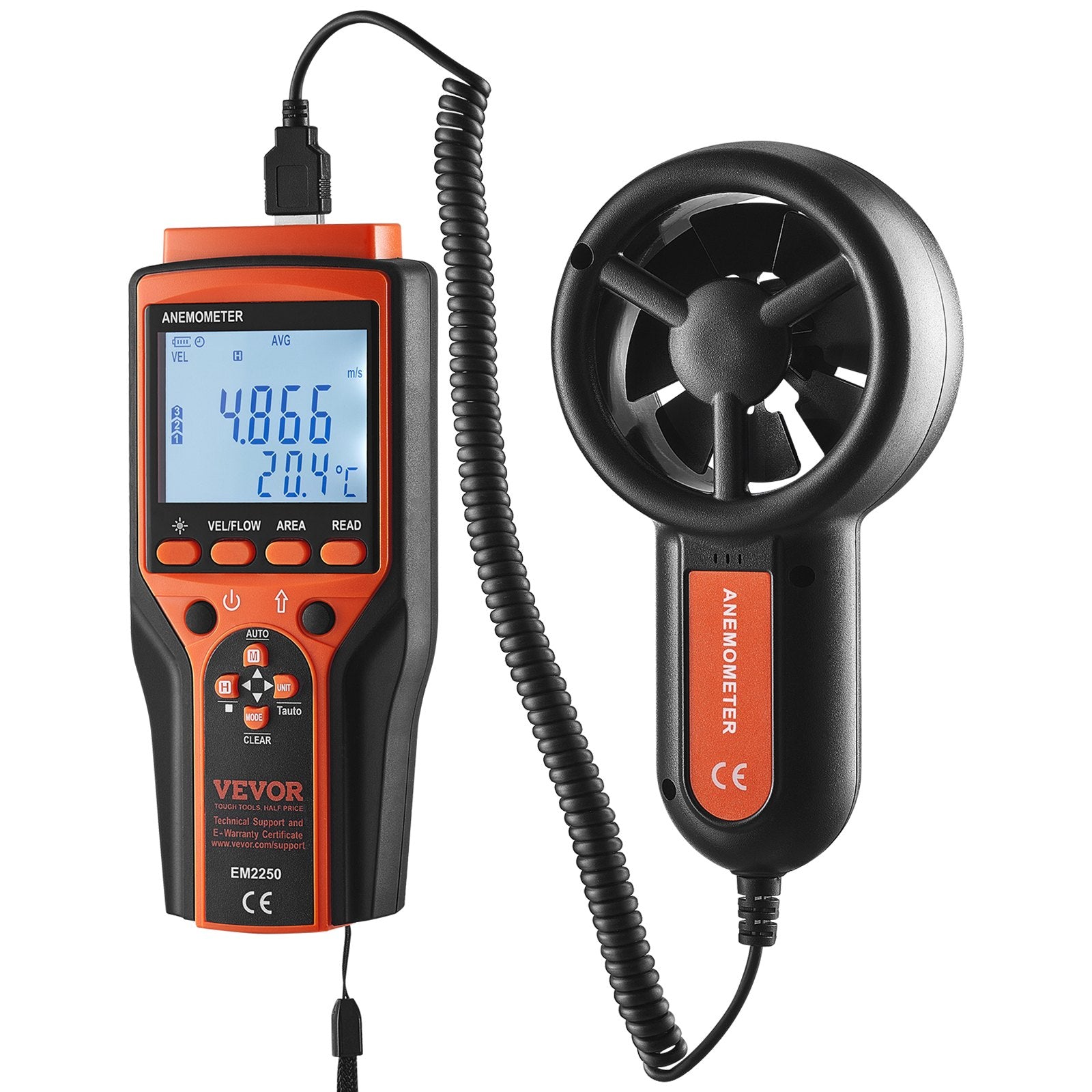 Monitoring & Testing: VEVOR Split Handheld Anemometer, Digital Wind Speed CFM Meter Gauge with LED Backlight Screen, Measures Wind Velocity Wind Temperature Air Flow Wind Chill, for Sailing Surfing Flying HVAC