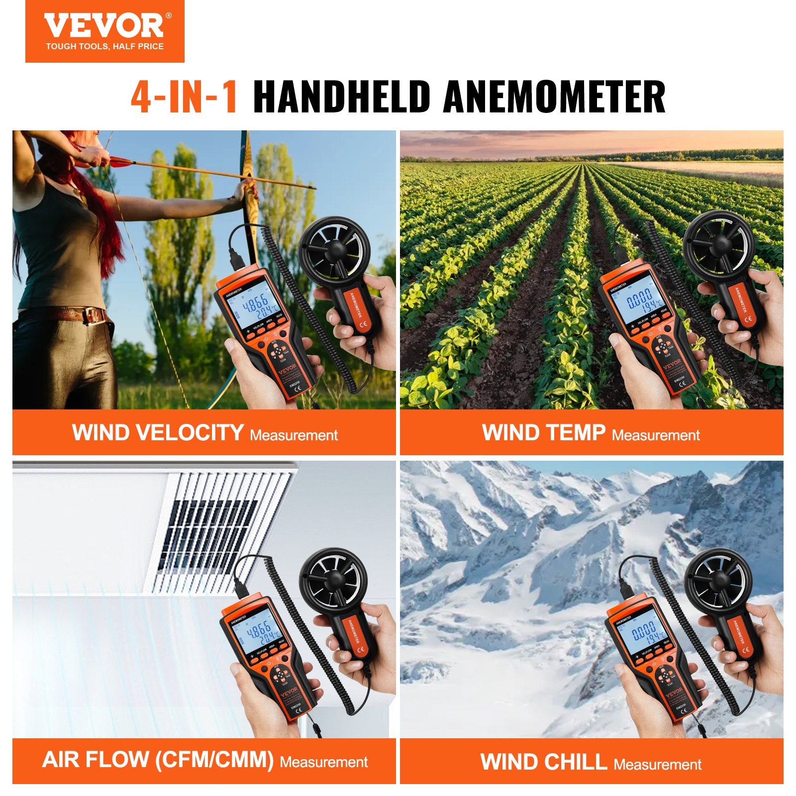 Monitoring & Testing: VEVOR Split Handheld Anemometer, Digital Wind Speed CFM Meter Gauge with LED Backlight Screen, Measures Wind Velocity Wind Temperature Air Flow Wind Chill, for Sailing Surfing Flying HVAC