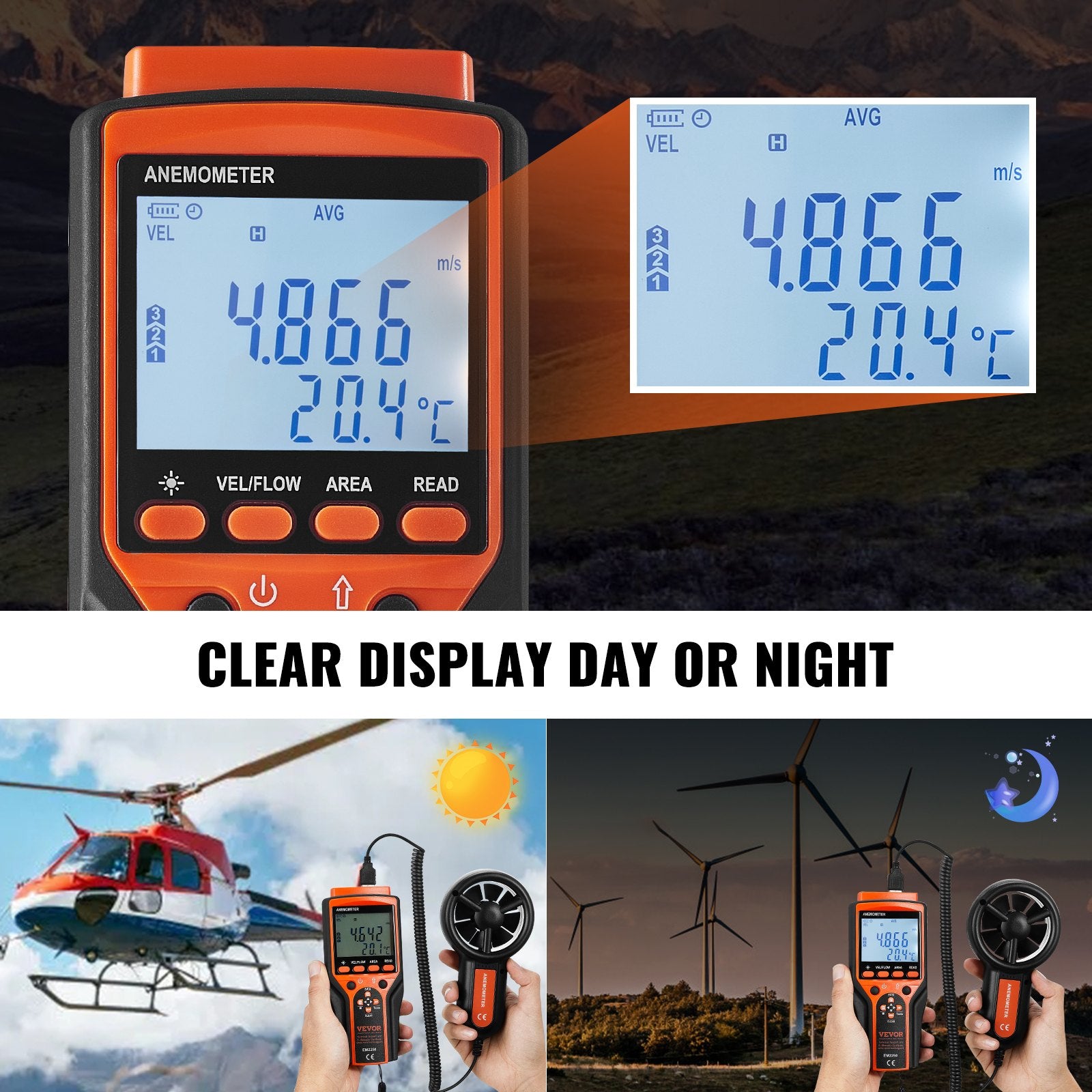 Monitoring & Testing: VEVOR Split Handheld Anemometer, Digital Wind Speed CFM Meter Gauge with LED Backlight Screen, Measures Wind Velocity Wind Temperature Air Flow Wind Chill, for Sailing Surfing Flying HVAC