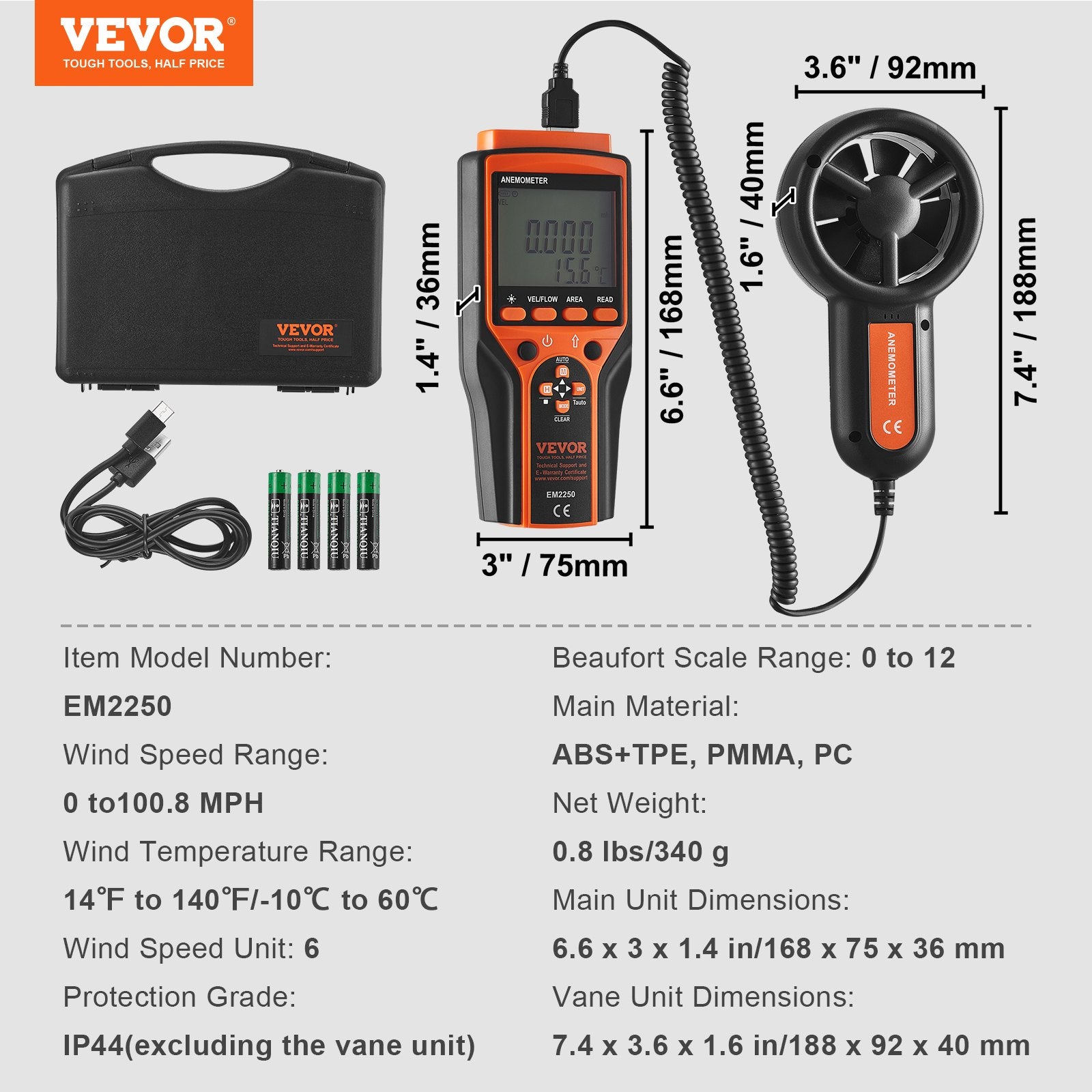 Monitoring & Testing: VEVOR Split Handheld Anemometer, Digital Wind Speed CFM Meter Gauge with LED Backlight Screen, Measures Wind Velocity Wind Temperature Air Flow Wind Chill, for Sailing Surfing Flying HVAC