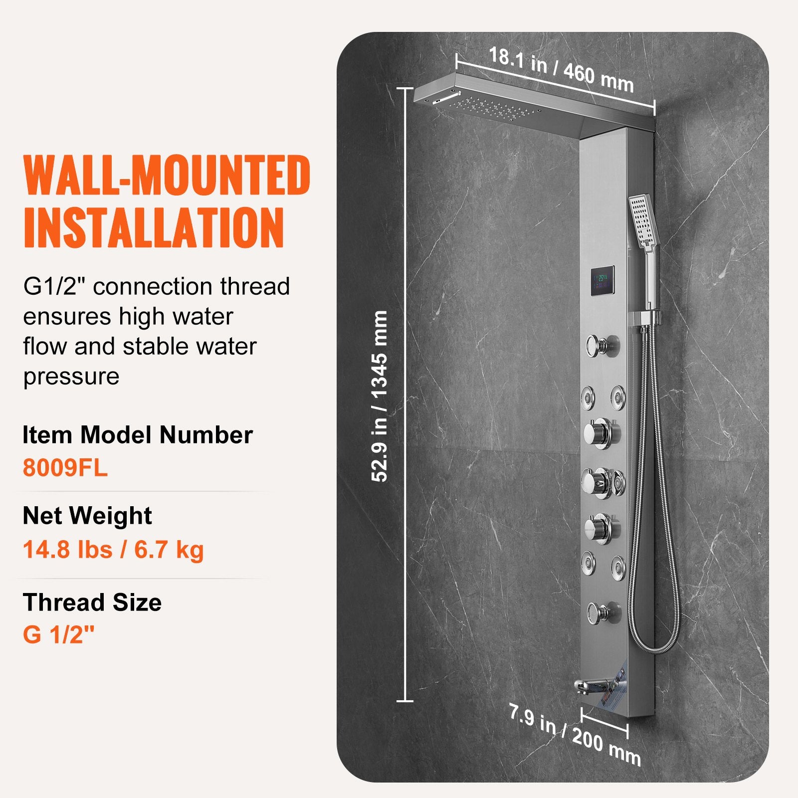 Shower Panel System, 6 Shower Modes, LED & Screen Hydroelectricity Shower Panel Tower, Rainfall, Waterfall, 8 Massage Jets, Tub Spout, Handheld Shower, Stainless Steel Wall-Mounted Shower Set