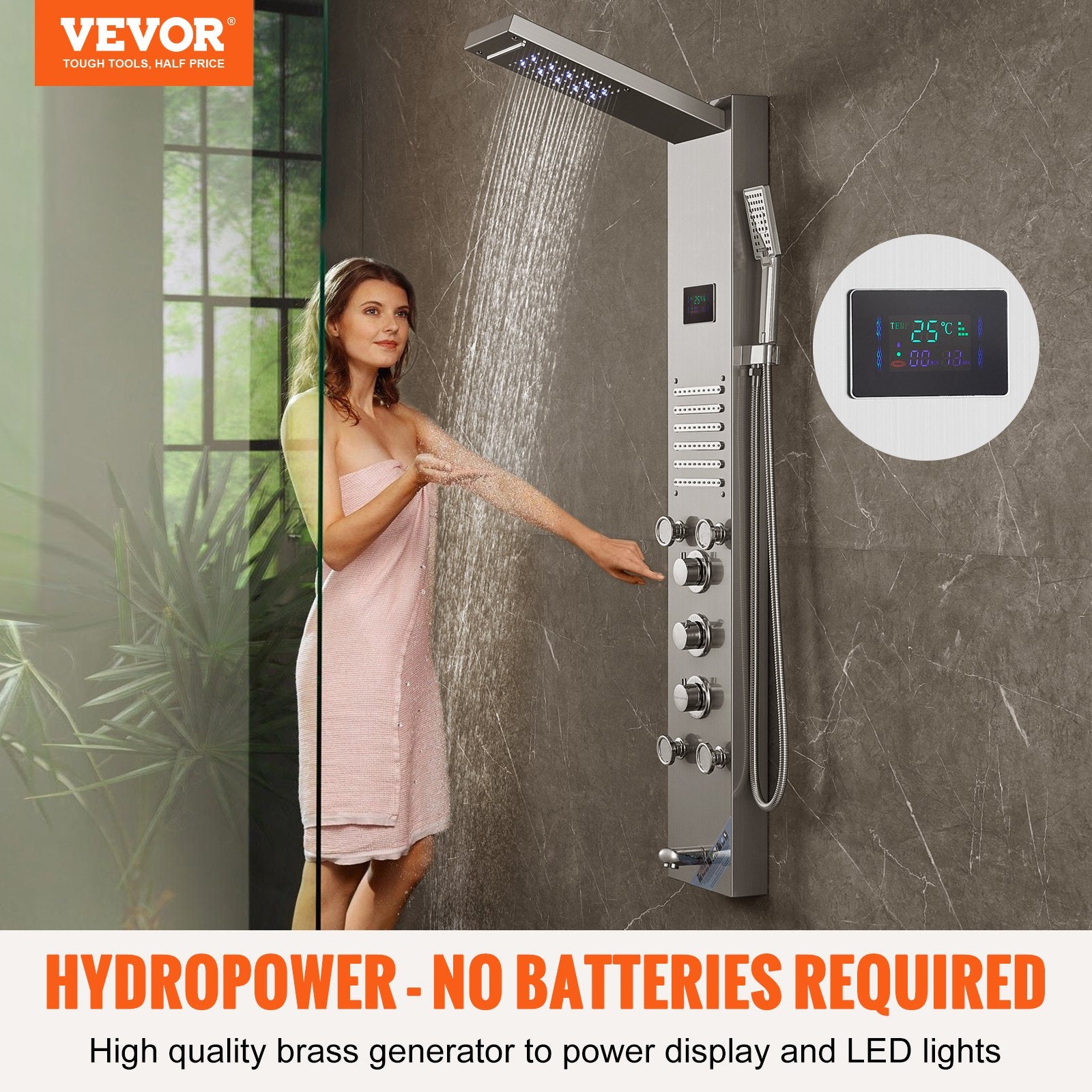 Shower Heads & Screens: VEVOR Shower Panel System, 6 Shower Modes, LED & Screen Hydroelectricity Shower Panel Tower, Rainfall, Waterfall, 5 Massage Jets, Tub Spout, Handheld Shower, Stainless Steel Wall-Mounted Shower Set