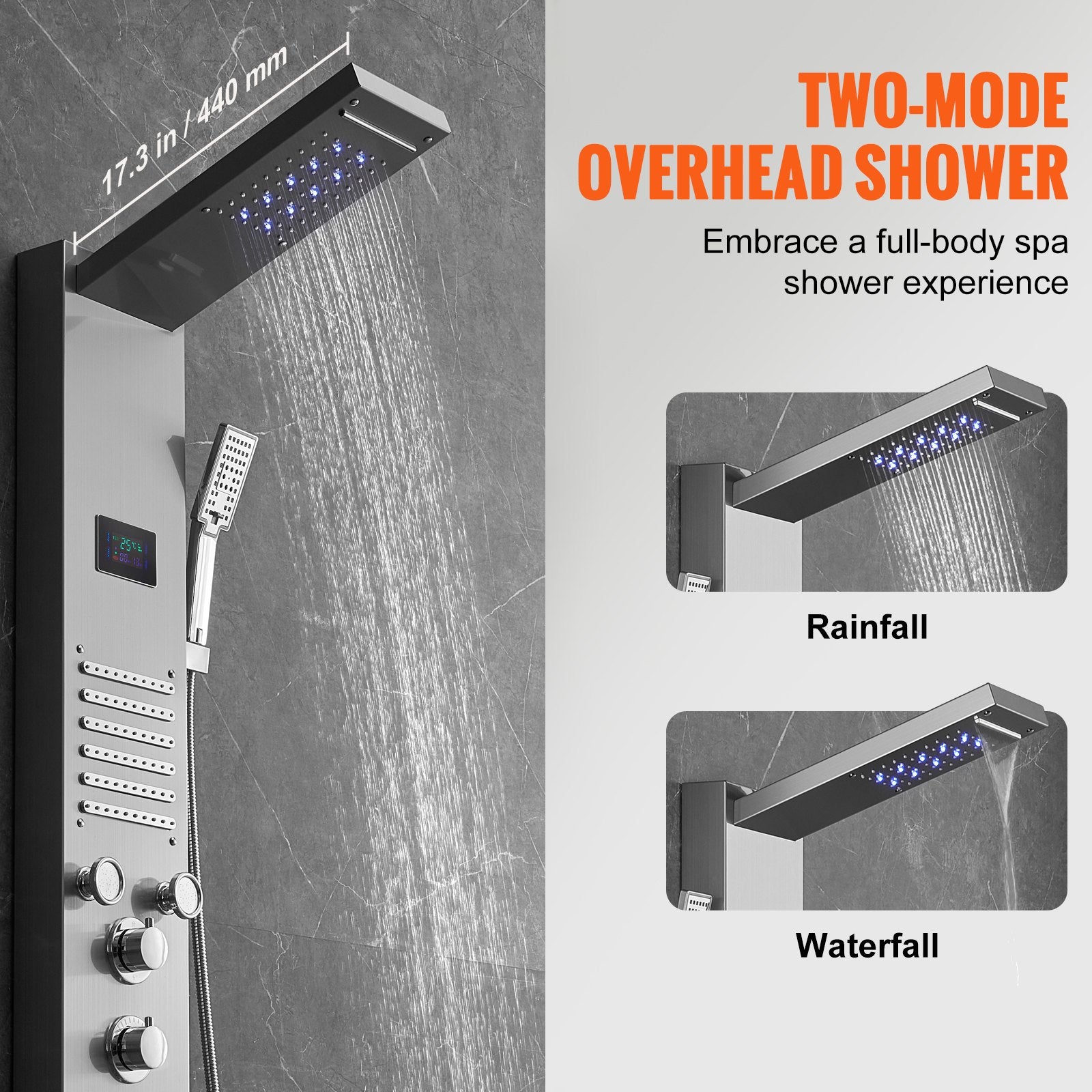 Shower Heads & Screens: VEVOR Shower Panel System, 6 Shower Modes, LED & Screen Hydroelectricity Shower Panel Tower, Rainfall, Waterfall, 5 Massage Jets, Tub Spout, Handheld Shower, Stainless Steel Wall-Mounted Shower Set