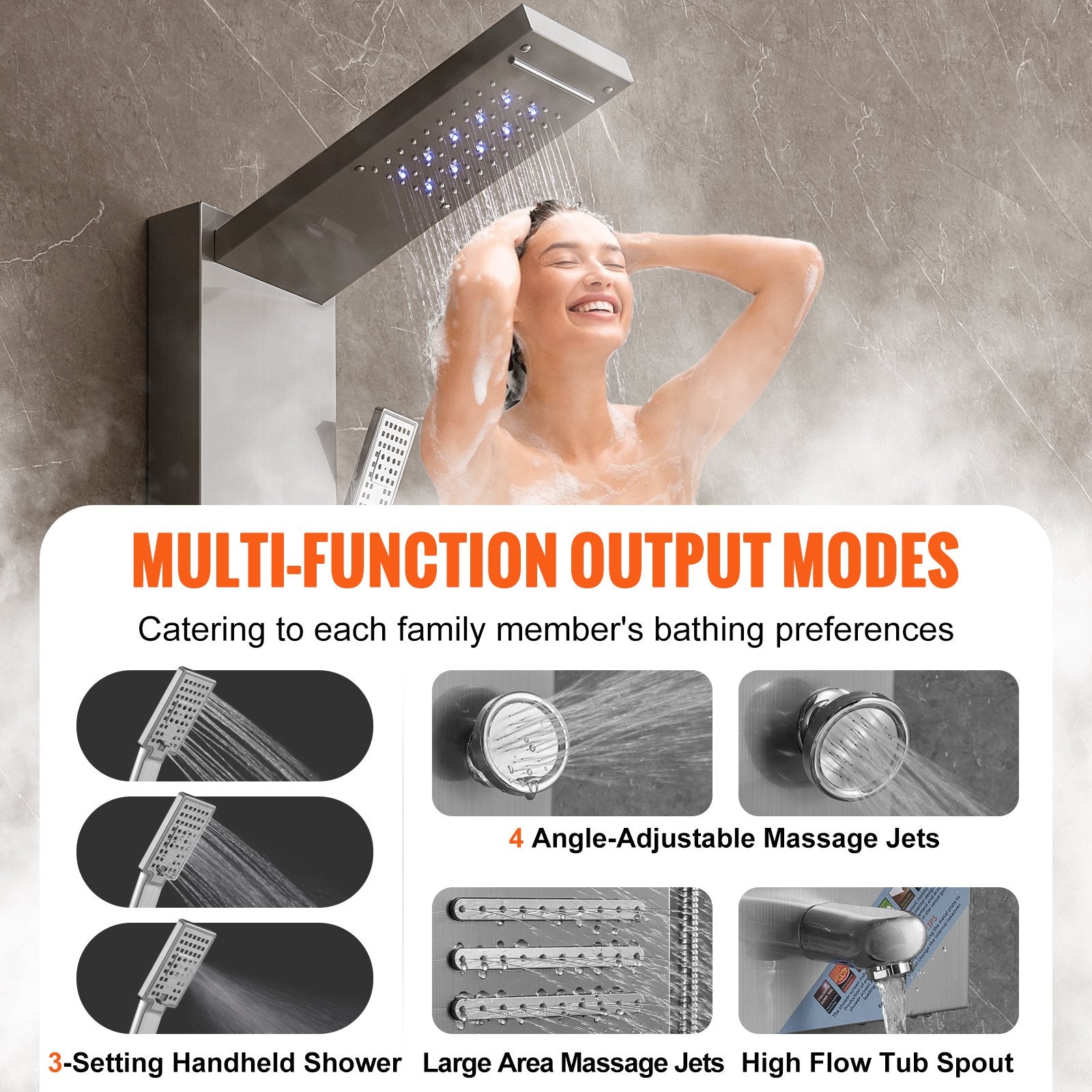 Shower Heads & Screens: VEVOR Shower Panel System, 6 Shower Modes, LED & Screen Hydroelectricity Shower Panel Tower, Rainfall, Waterfall, 5 Massage Jets, Tub Spout, Handheld Shower, Stainless Steel Wall-Mounted Shower Set