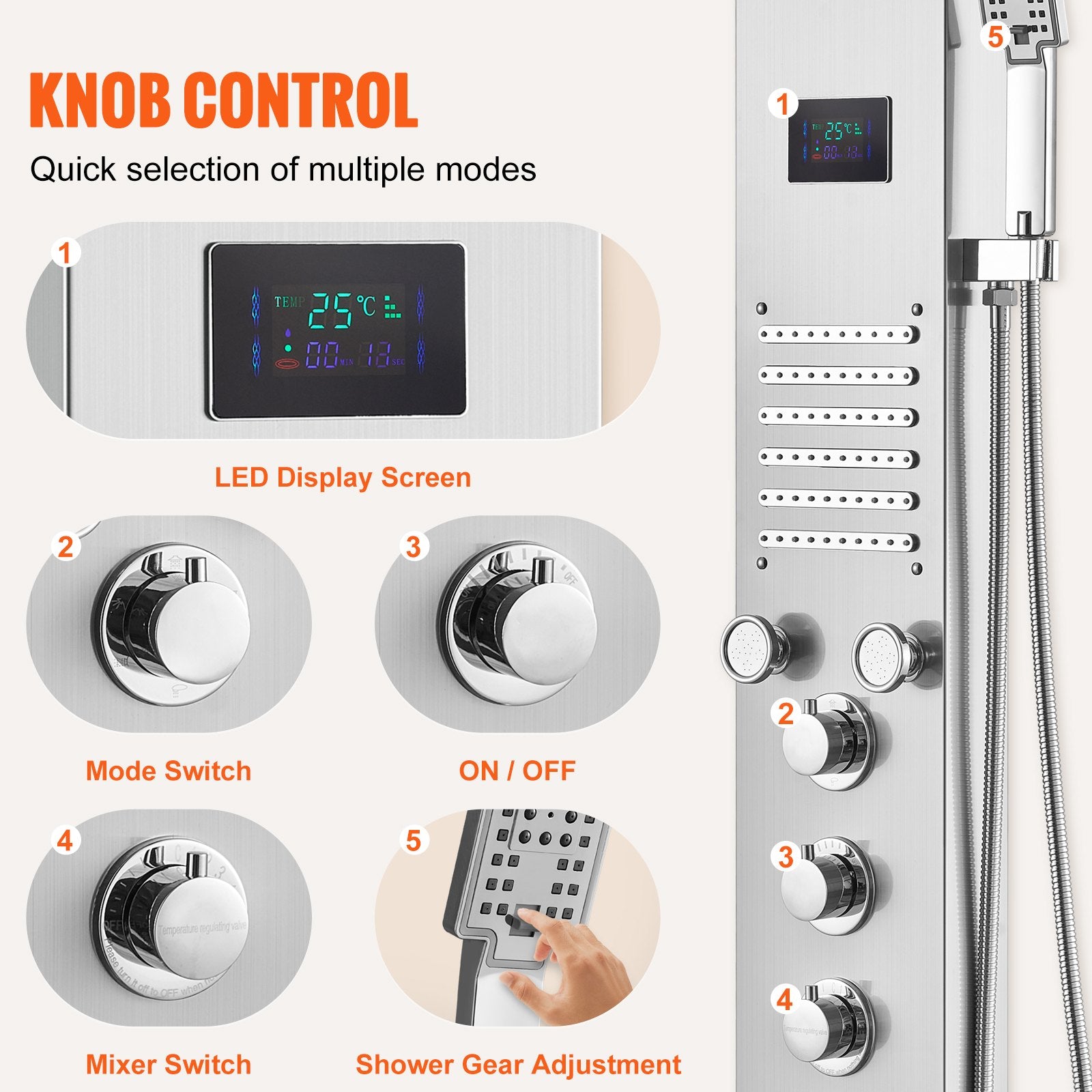 Shower Heads & Screens: VEVOR Shower Panel System, 6 Shower Modes, LED & Screen Hydroelectricity Shower Panel Tower, Rainfall, Waterfall, 5 Massage Jets, Tub Spout, Handheld Shower, Stainless Steel Wall-Mounted Shower Set
