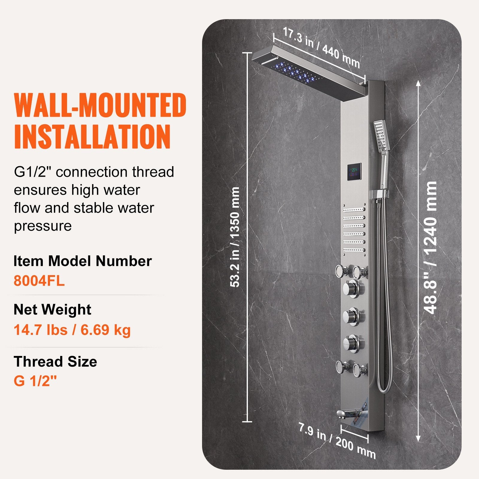 Shower Heads & Screens: VEVOR Shower Panel System, 6 Shower Modes, LED & Screen Hydroelectricity Shower Panel Tower, Rainfall, Waterfall, 5 Massage Jets, Tub Spout, Handheld Shower, Stainless Steel Wall-Mounted Shower Set
