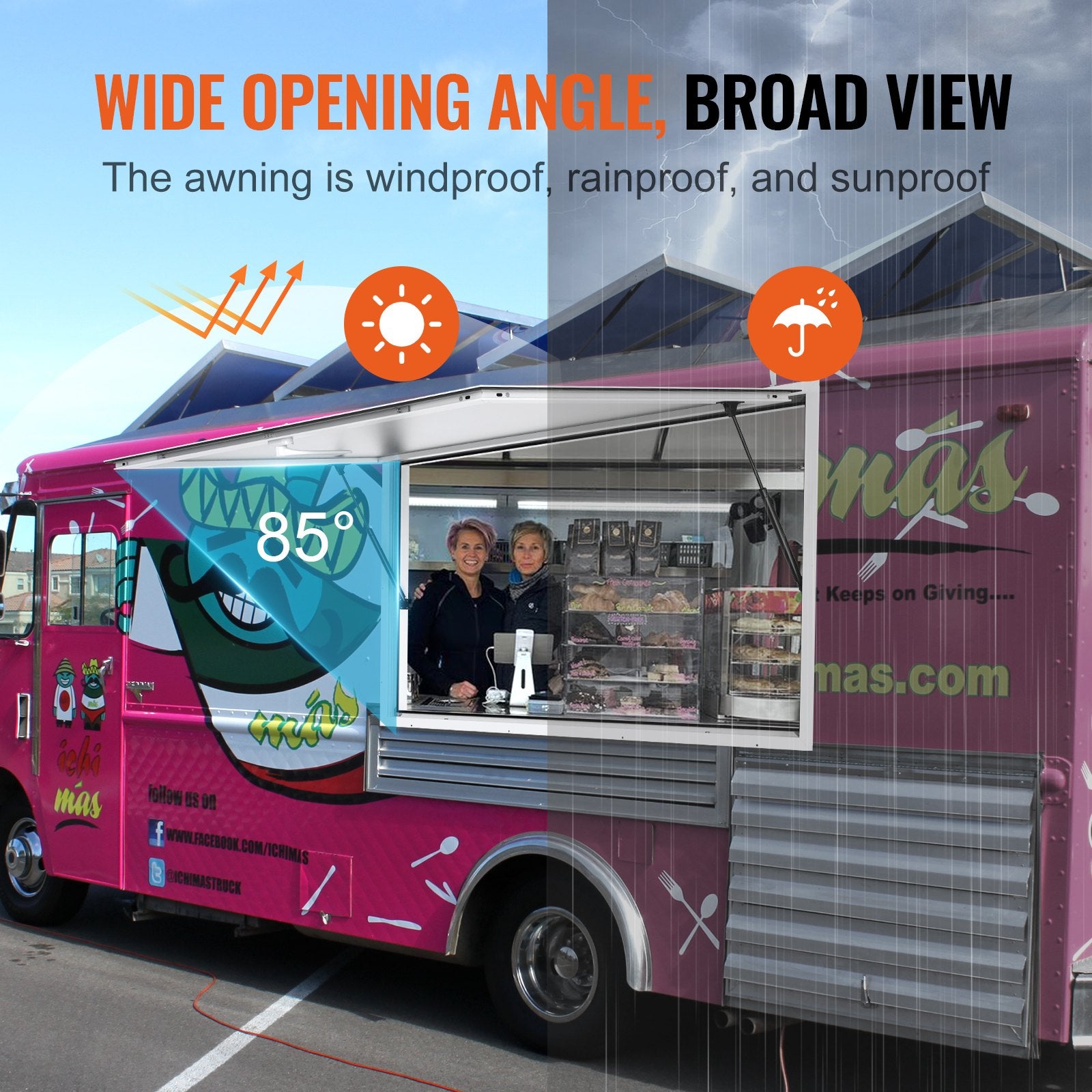 Canopies & Gazebos: VEVOR Concession Window 91x91cm, Aluminum Alloy Food Truck Service Window with Awning Door & Drag Hook, Up to 85 Degrees Stand Serving Window for Food Trucks Concession Trailers, Glass Not Included