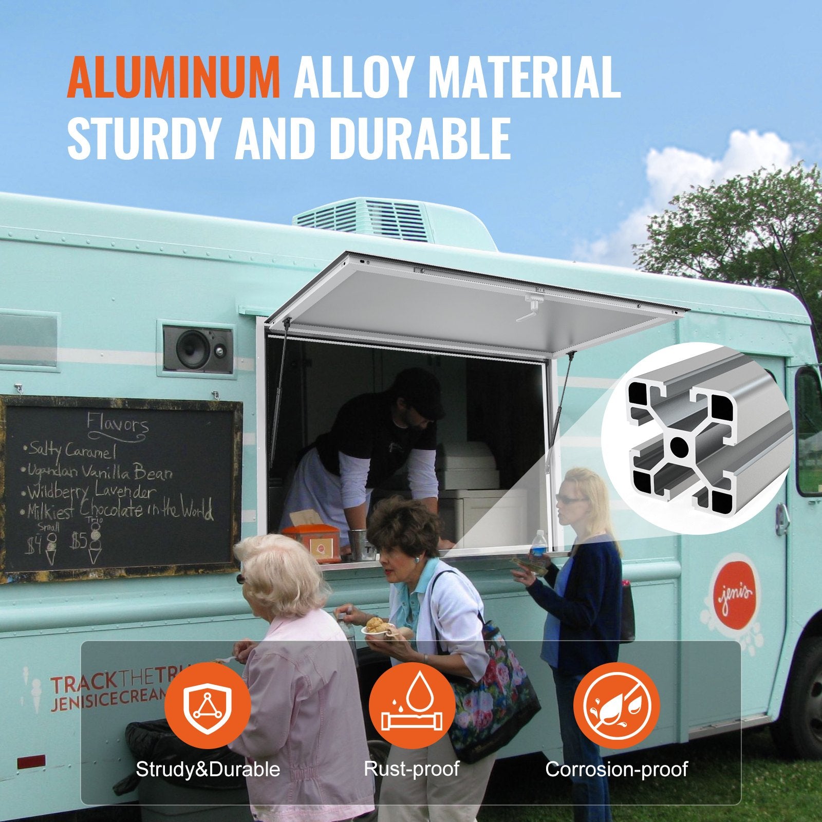 Canopies & Gazebos: VEVOR Concession Window 91x91cm, Aluminum Alloy Food Truck Service Window with Awning Door & Drag Hook, Up to 85 Degrees Stand Serving Window for Food Trucks Concession Trailers, Glass Not Included