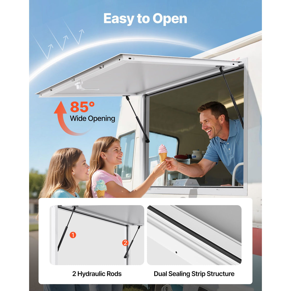 Concession Window 188x102cm, Aluminum Alloy Frame Service Window for Food Truck, Up to 85 Degrees Stand Serving Window with Awning Door and Drag Hook, Rainwater Resistant for Concession Trailer
