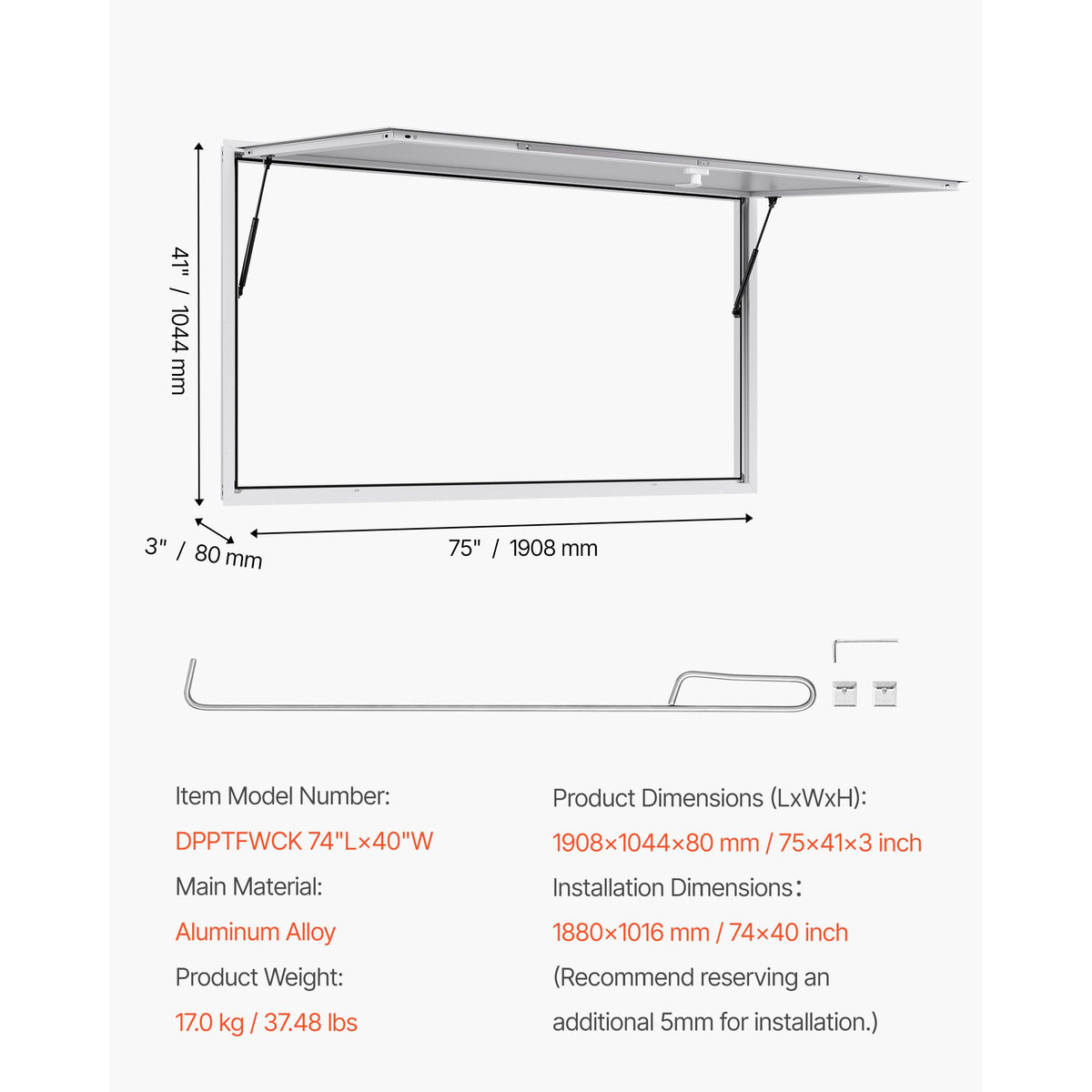 Concession Window 188x102cm, Aluminum Alloy Frame Service Window for Food Truck, Up to 85 Degrees Stand Serving Window with Awning Door and Drag Hook, Rainwater Resistant for Concession Trailer