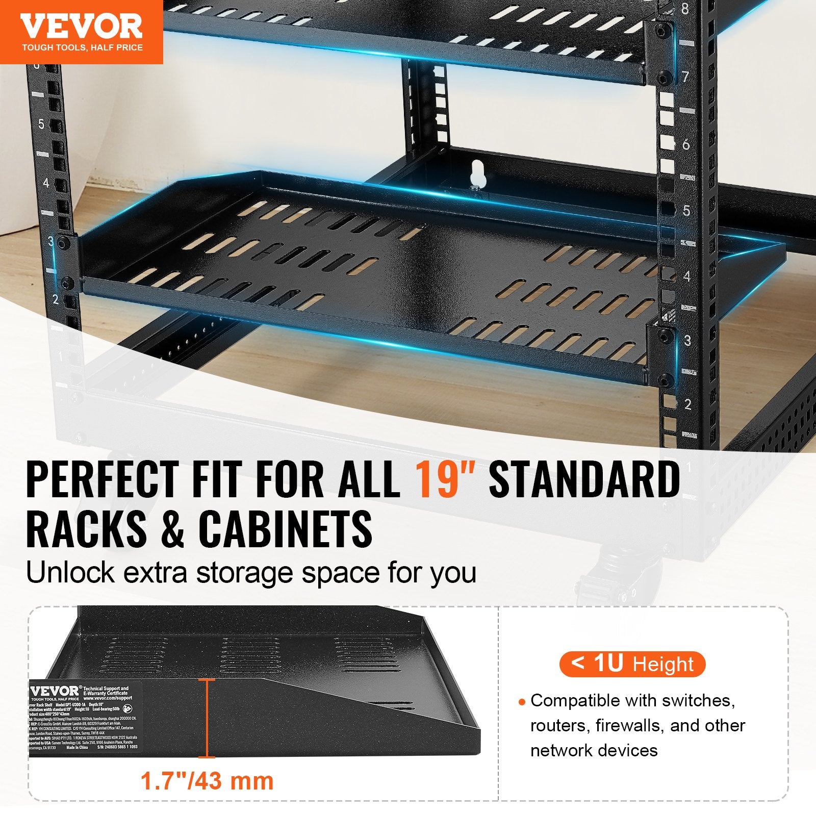 Audio Accessories: VEVOR 2PCS 1U Server Rack Shelf, 254mm Depth, 22.68kg Max Load Capacity Vented Cantilever or Wall Mount Rack Mount Shelf with Tray, Good Air Circulation for 482.6mm Network Cabinet or Equipment Rack