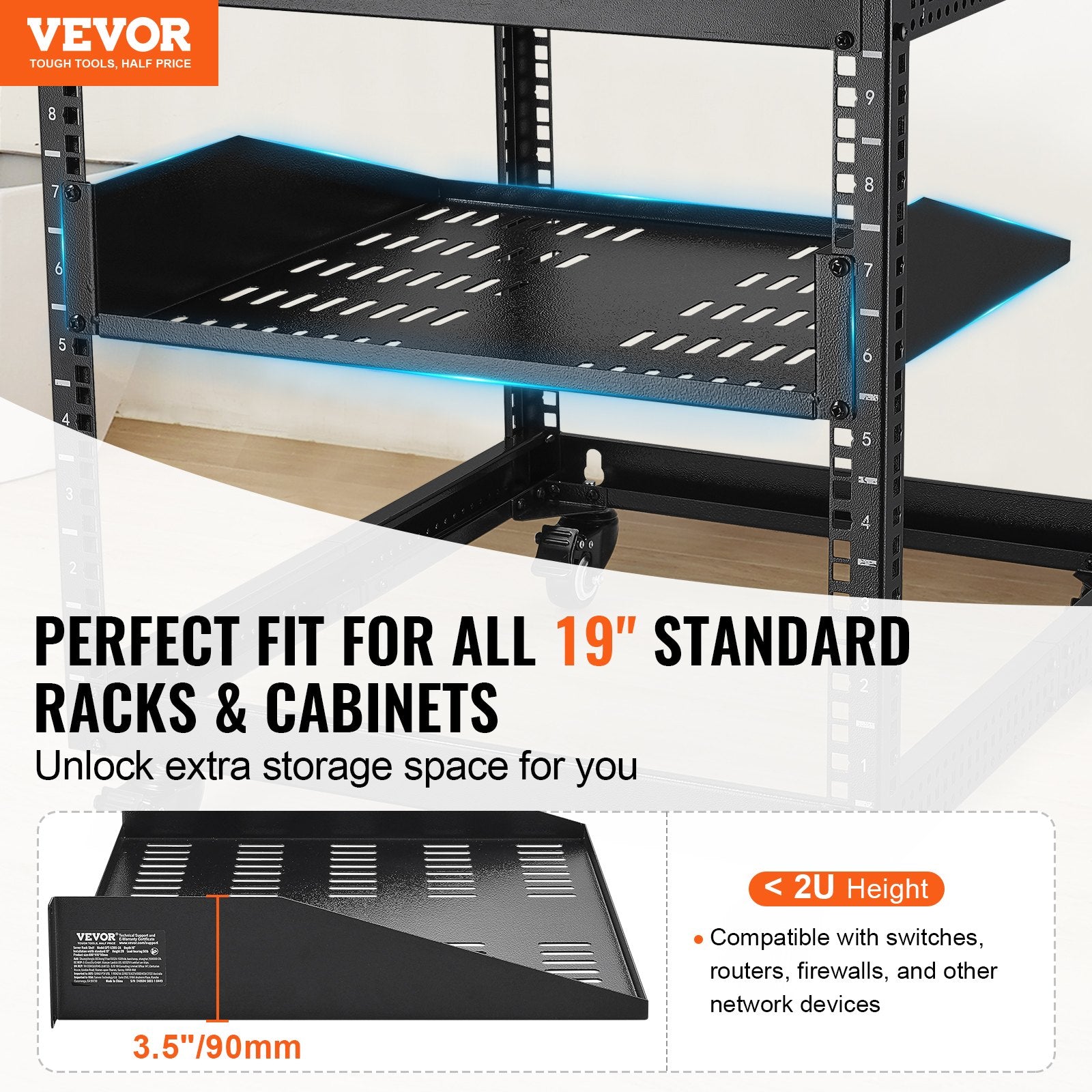 Kitchen & Bathroom DIY: VEVOR 2U Server Rack Shelf 16"/406 mm Depth Vented Rack Mount Shelf with Tray