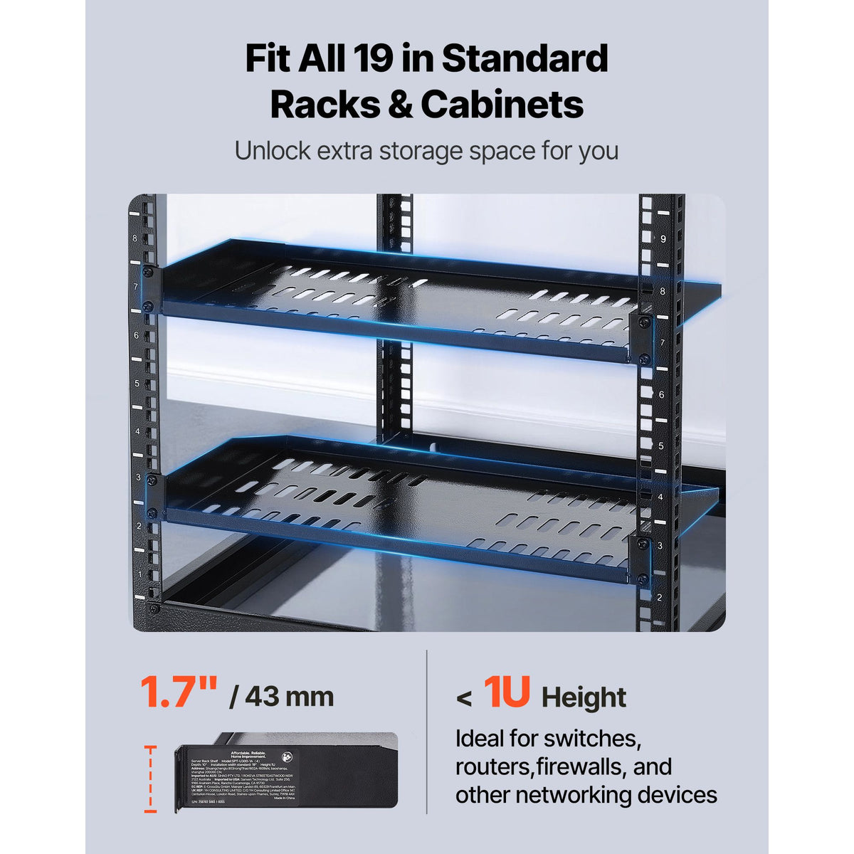 1U Server Rack Shelf, 4 PCS, 22.68 kg Max Load-Bearing Vented Cantilever, Wall Mount or Rack Mount Shelf with Tray, 254 mm Depth, Good Air Circulation for Cabinet Computer Network Equipment
