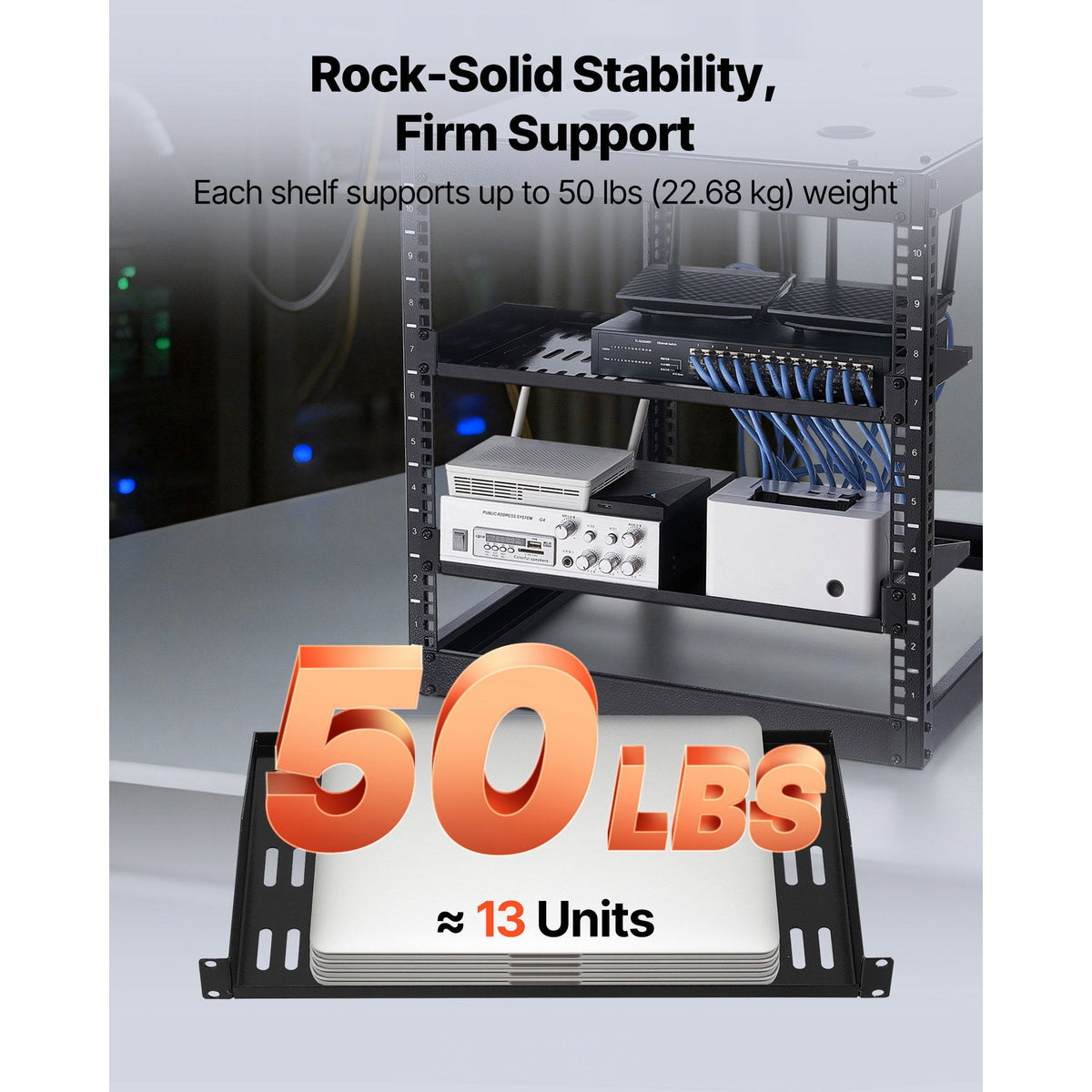 1U Server Rack Shelf, 4 PCS, 22.68 kg Max Load-Bearing Vented Cantilever, Wall Mount or Rack Mount Shelf with Tray, 254 mm Depth, Good Air Circulation for Cabinet Computer Network Equipment