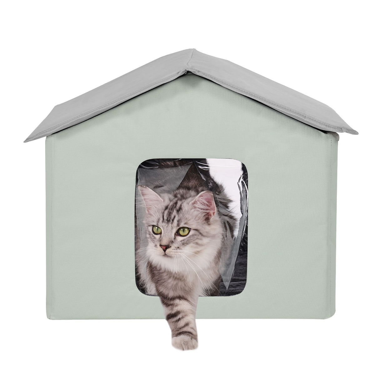 Heated Cat House, Outdoor Kitty Shelter with Adjustable Temperature and Timer, 600D Oxford Cloth Foldable Cat Shelter with Heated Pad  for Winter to Stay Warm and Cozy, Green (Middle)