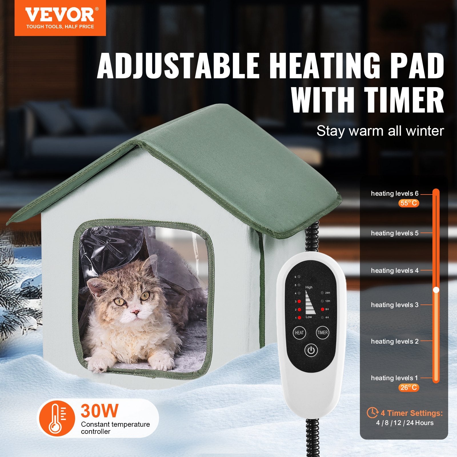 Cat Furniture: VEVOR Elevated Heated Cat House, Outdoor Kitty Shelter with Timer, 600D Oxford Cloth Foldable Cat Shelter with Heated Pad for Winter to Stay Warm and Cozy, Green (Small)