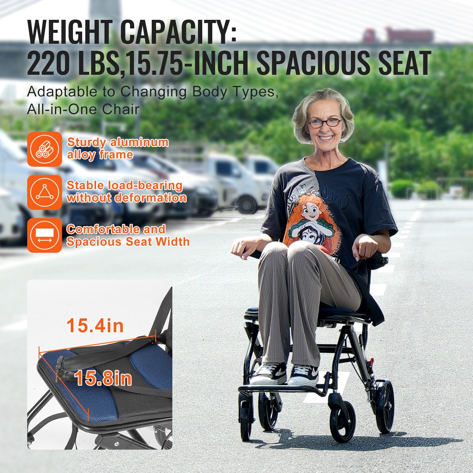 Mobility & Accessibility: VEVOR Wheelchair, Aluminum Alloy Ultra-Lightweight Transport Chair for Adults, Foldable Cabin Wheelchair with Flip-Back Desk-Length Arms, Self-locking Brake, 15.75-Inch Wide Seat, 220lbs Load