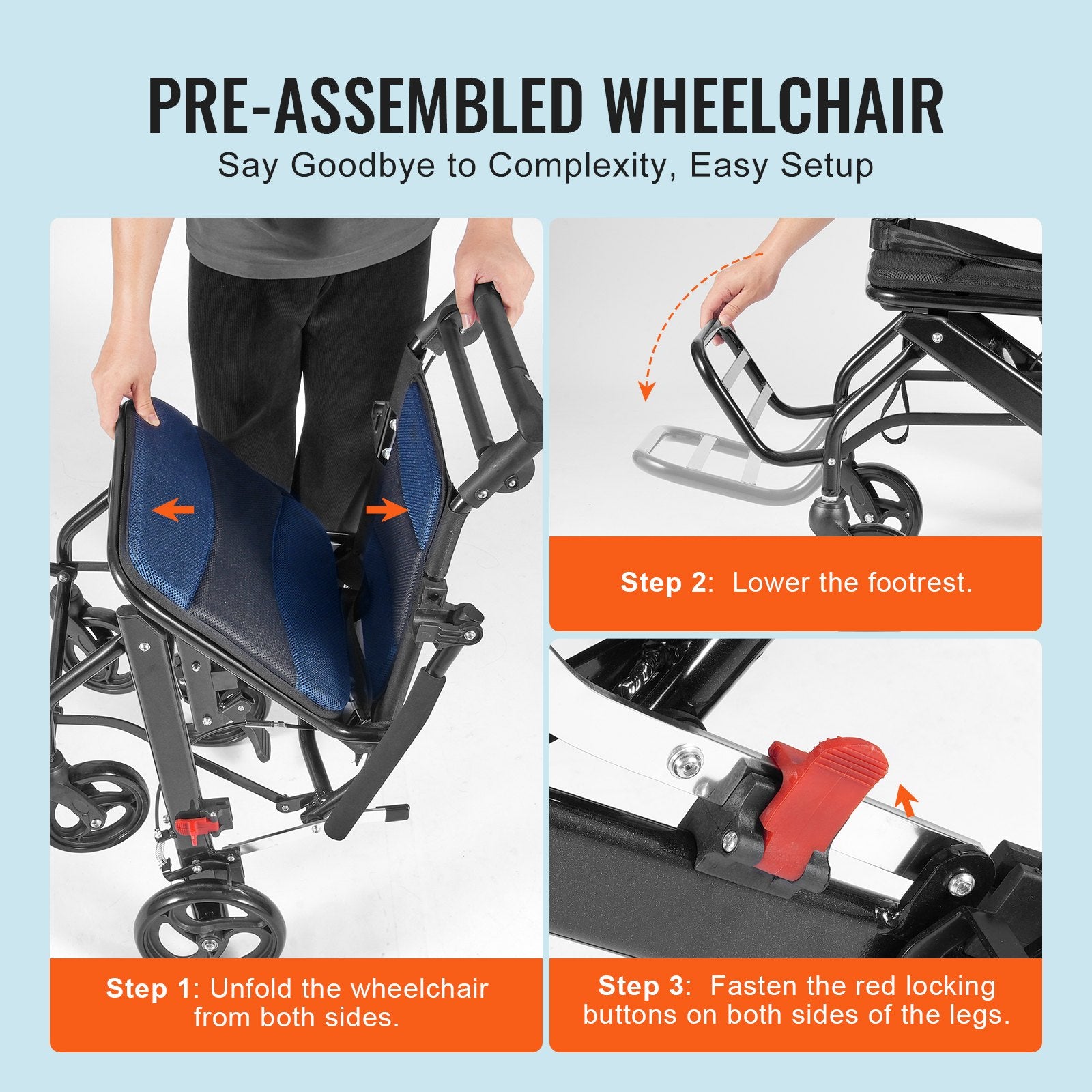 Mobility & Accessibility: VEVOR Wheelchair, Aluminum Alloy Ultra-Lightweight Transport Chair for Adults, Foldable Cabin Wheelchair with Flip-Back Desk-Length Arms, Self-locking Brake, 15.75-Inch Wide Seat, 220lbs Load