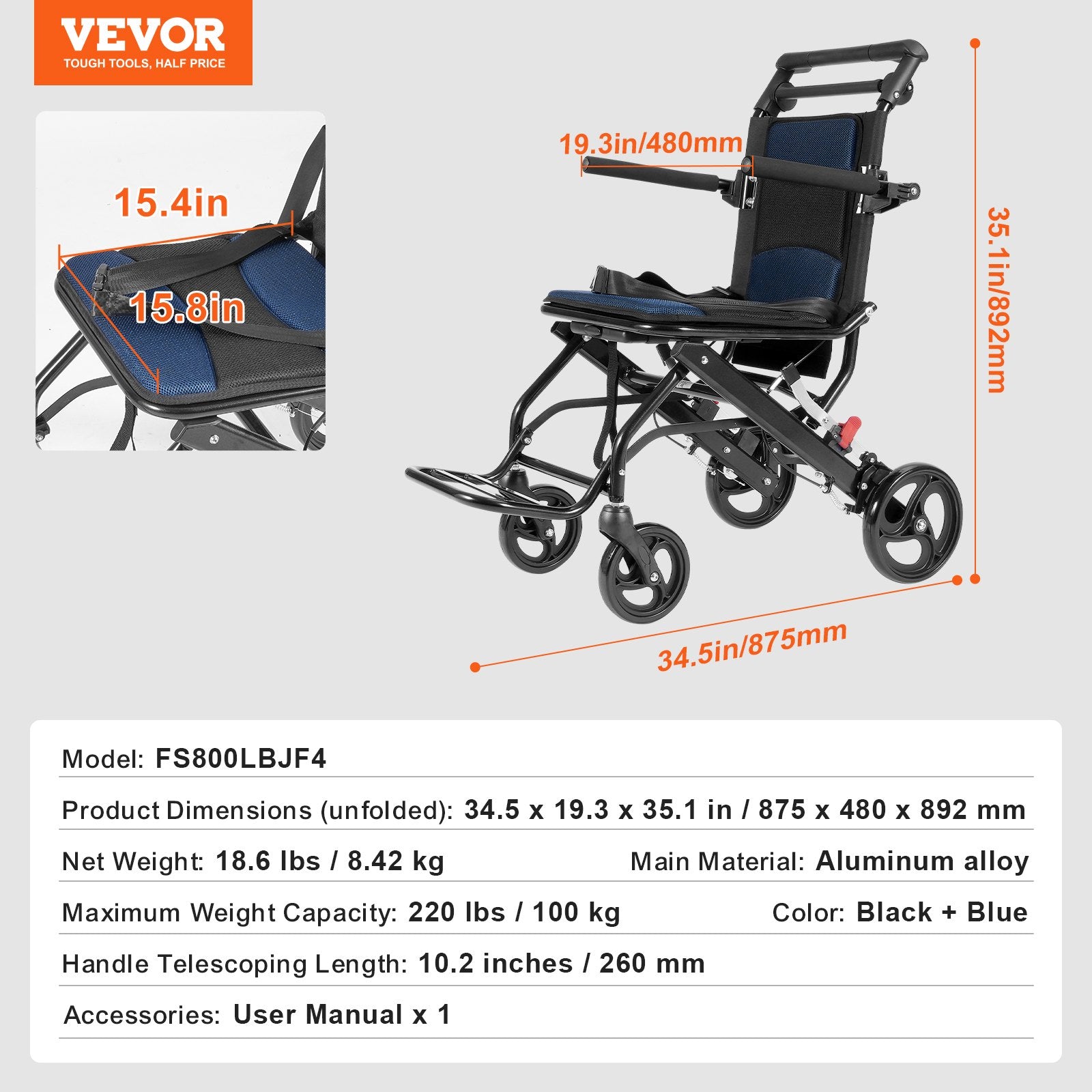 Mobility & Accessibility: VEVOR Wheelchair, Aluminum Alloy Ultra-Lightweight Transport Chair for Adults, Foldable Cabin Wheelchair with Flip-Back Desk-Length Arms, Self-locking Brake, 15.75-Inch Wide Seat, 220lbs Load