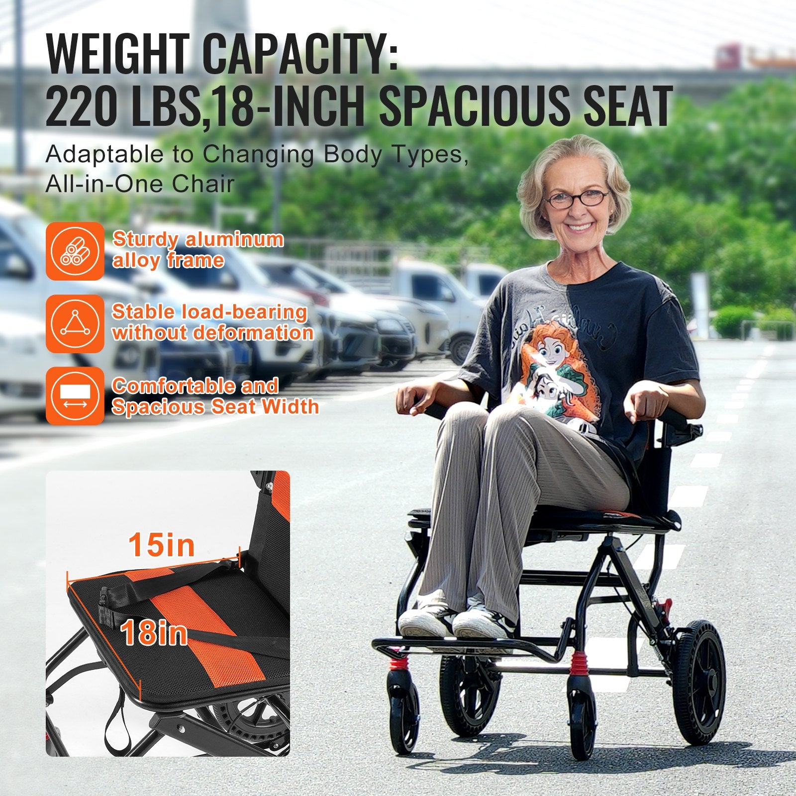 Mobility & Accessibility: VEVOR Wheelchair Aluminum Alloy Transport Chair Foldable 18-In W Seat 220lbs