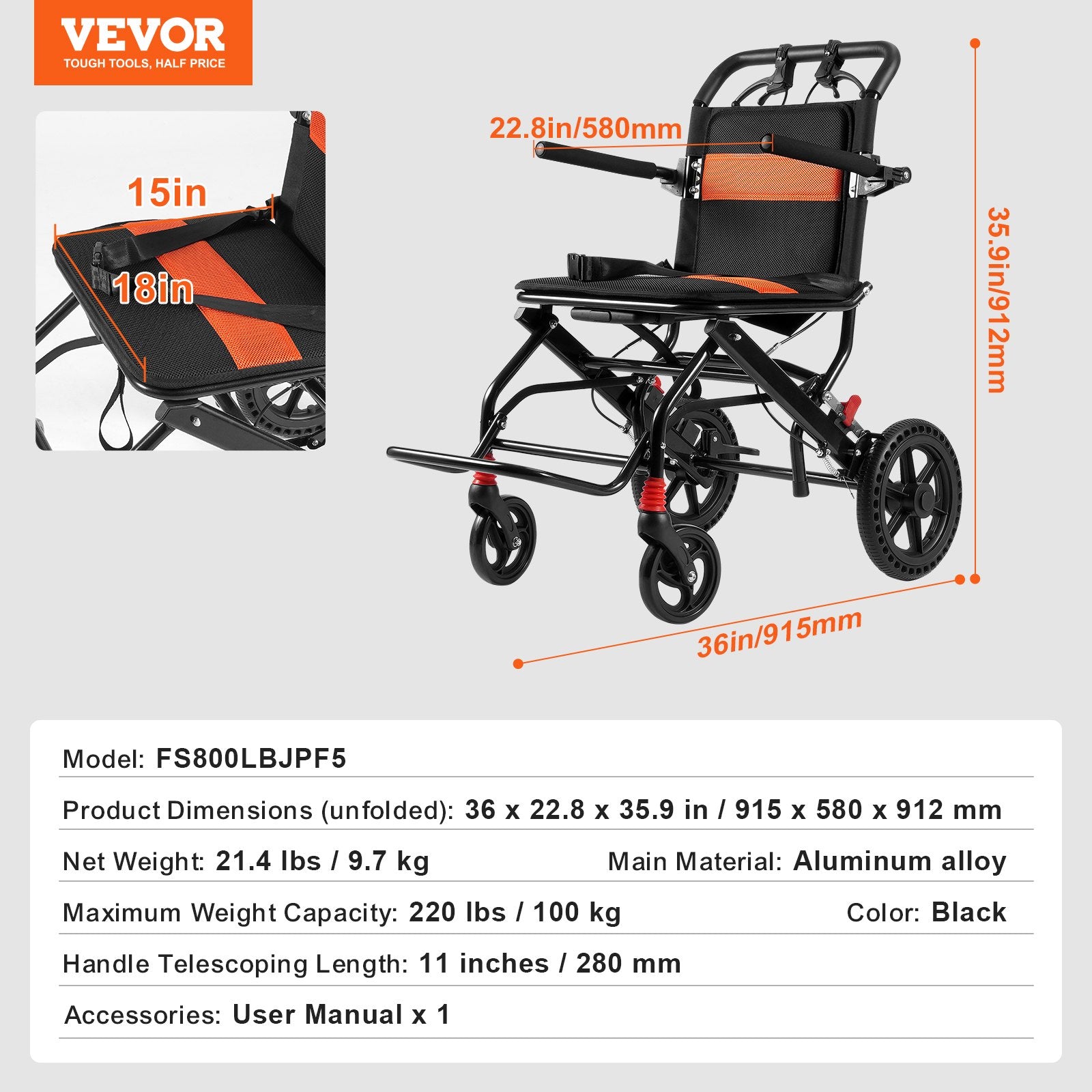 Mobility & Accessibility: VEVOR Wheelchair Aluminum Alloy Transport Chair Foldable 18-In W Seat 220lbs