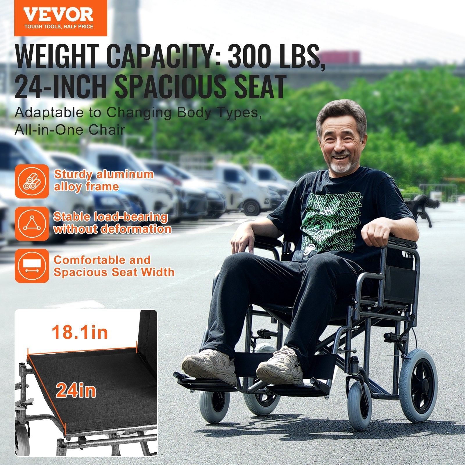 Automotive Parts: VEVOR Wheelchair Steel Transport Chair Foldable Wheelchair 24-In W Seat 300lbs