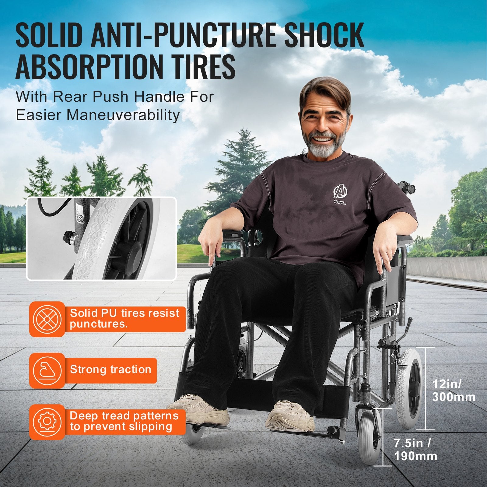 Automotive Parts: VEVOR Wheelchair Steel Transport Chair Foldable Wheelchair 24-In W Seat 300lbs