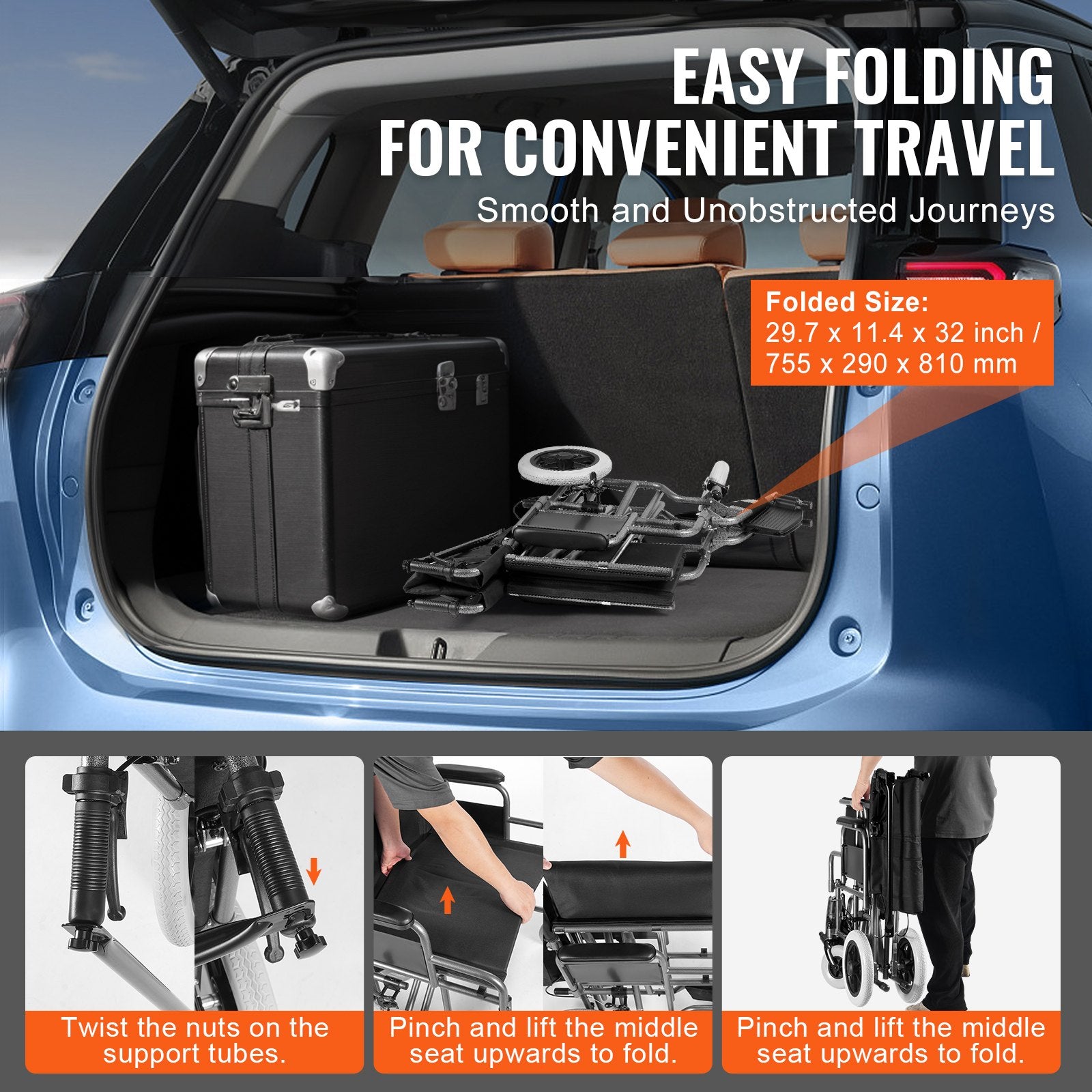 Automotive Parts: VEVOR Wheelchair Steel Transport Chair Foldable Wheelchair 24-In W Seat 300lbs