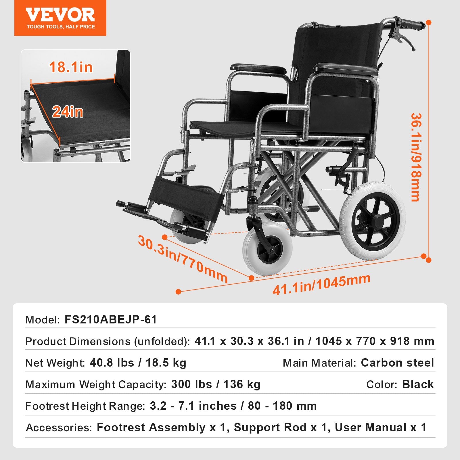 Automotive Parts: VEVOR Wheelchair Steel Transport Chair Foldable Wheelchair 24-In W Seat 300lbs