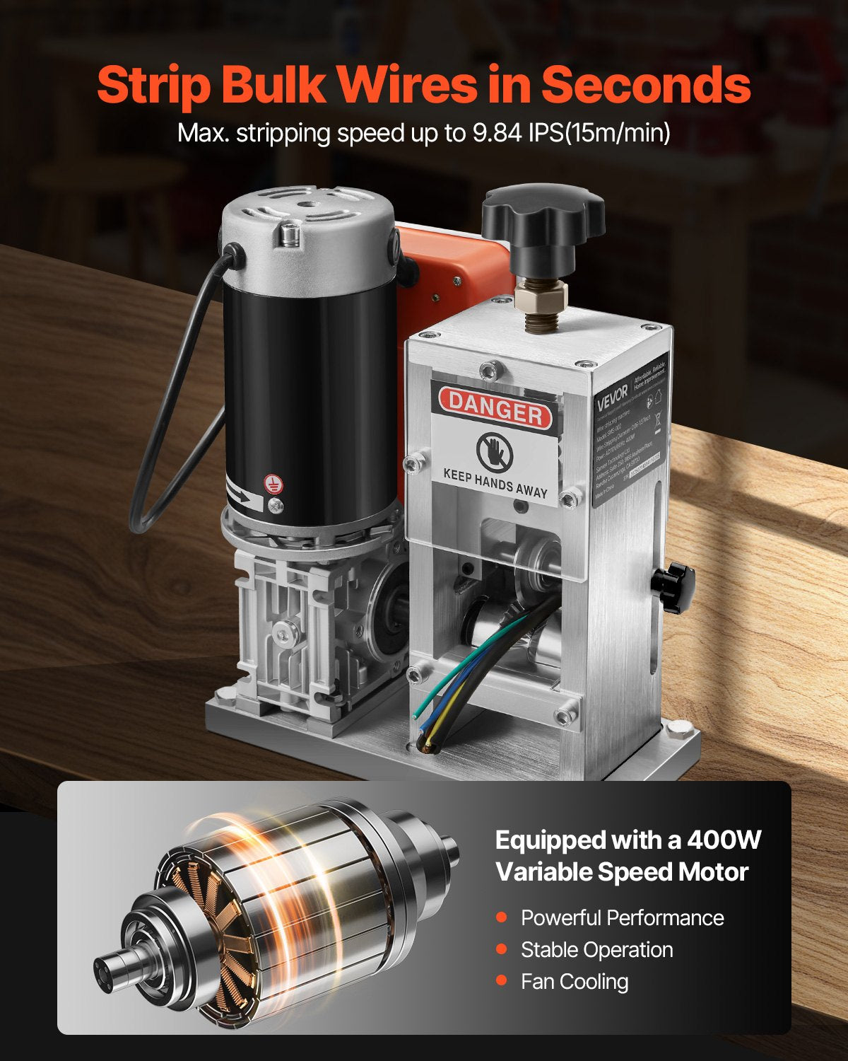 Gardening Tools: VEVOR Electric Wire Stripping Machine, 1.5-40 mm, 400W Automatic Motorized Cable Stripper, 9.84 IPS (15 m/min) Wire Peeler with Alloy Blades, V-Shaped Rollers, Cooling Fan, for Scrap Copper Recycling