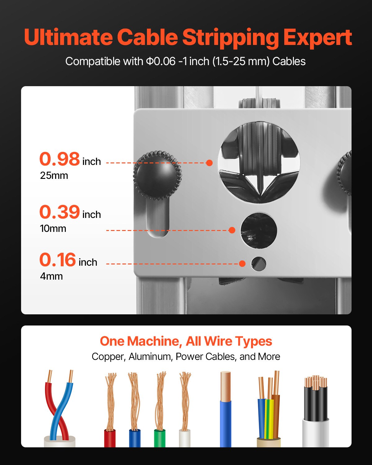 Gardening Tools: VEVOR Manual Wire Stripping Machine, 1.5-25 mm, Copper Stripper with Hand Crank or Drill Powered, 64Mn Quenched Blades, 45# Steel Rollers, Aluminum Alloy Frame Wire Peeler, for Scrap Copper Recycling
