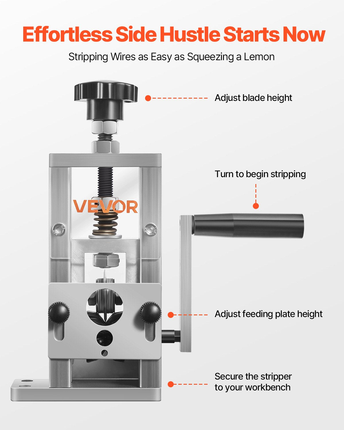 Gardening Tools: VEVOR Manual Wire Stripping Machine, 1.5-25 mm, Copper Stripper with Hand Crank or Drill Powered, 64Mn Quenched Blades, 45# Steel Rollers, Aluminum Alloy Frame Wire Peeler, for Scrap Copper Recycling