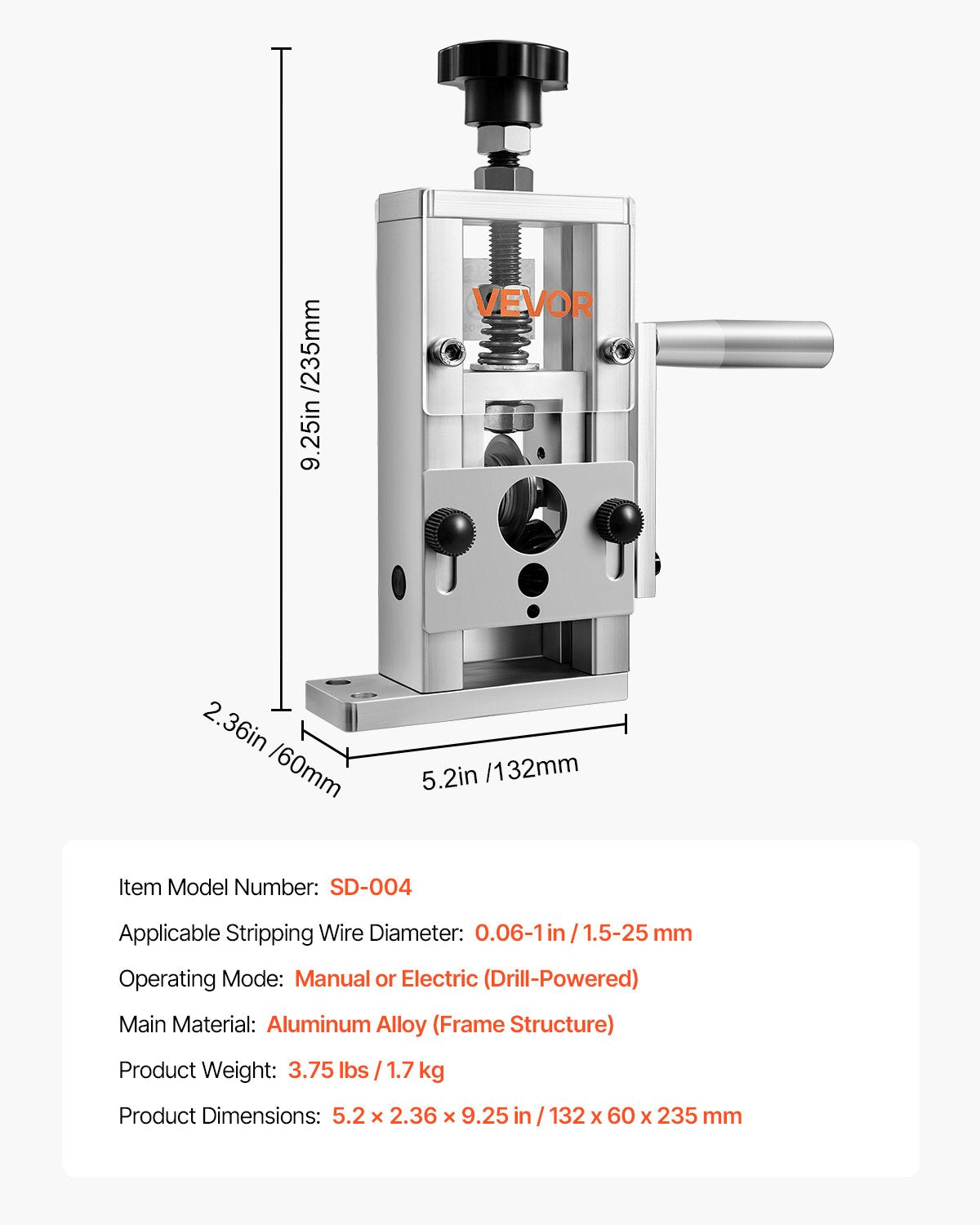 Gardening Tools: VEVOR Manual Wire Stripping Machine, 1.5-25 mm, Copper Stripper with Hand Crank or Drill Powered, 64Mn Quenched Blades, 45# Steel Rollers, Aluminum Alloy Frame Wire Peeler, for Scrap Copper Recycling