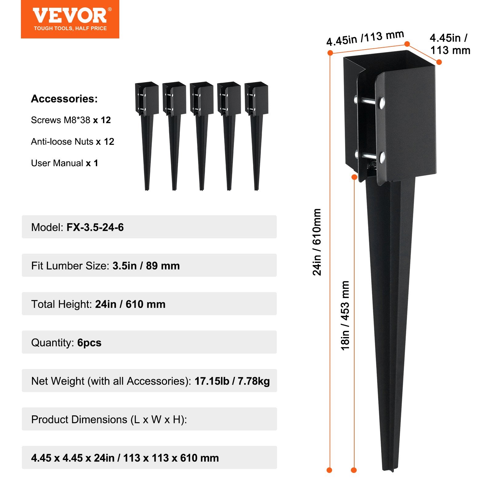 Fencing: VEVOR Fence Post Anchor Ground Spike 6 Pack 24 x 4 x 4 In Metal Fence Stakes