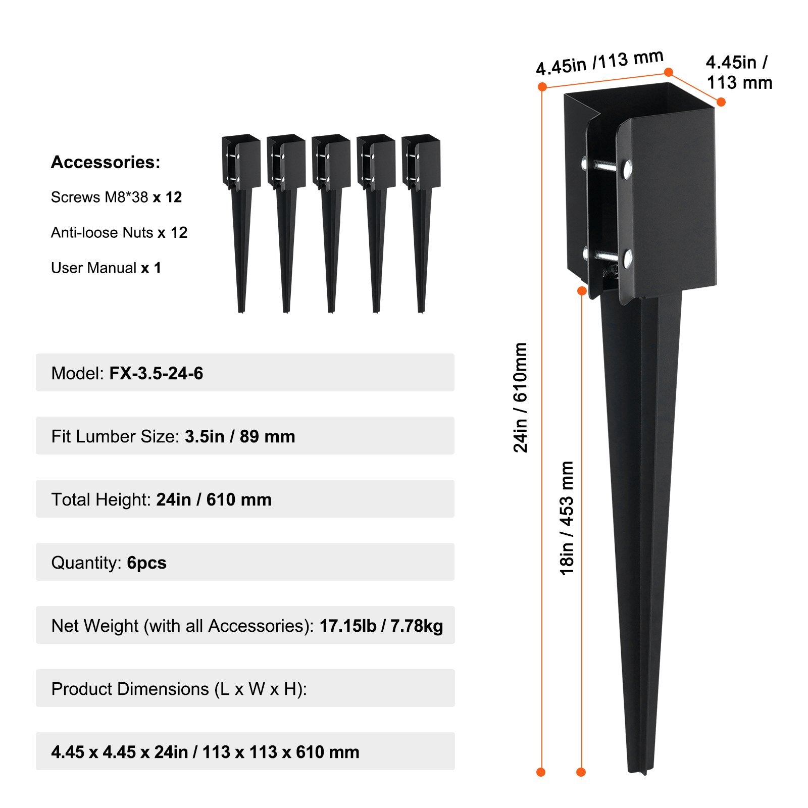 Fencing: VEVOR Fence Post Anchor Ground Spike 6 Pack 24 x 4 x 4 In Metal Fence Stakes