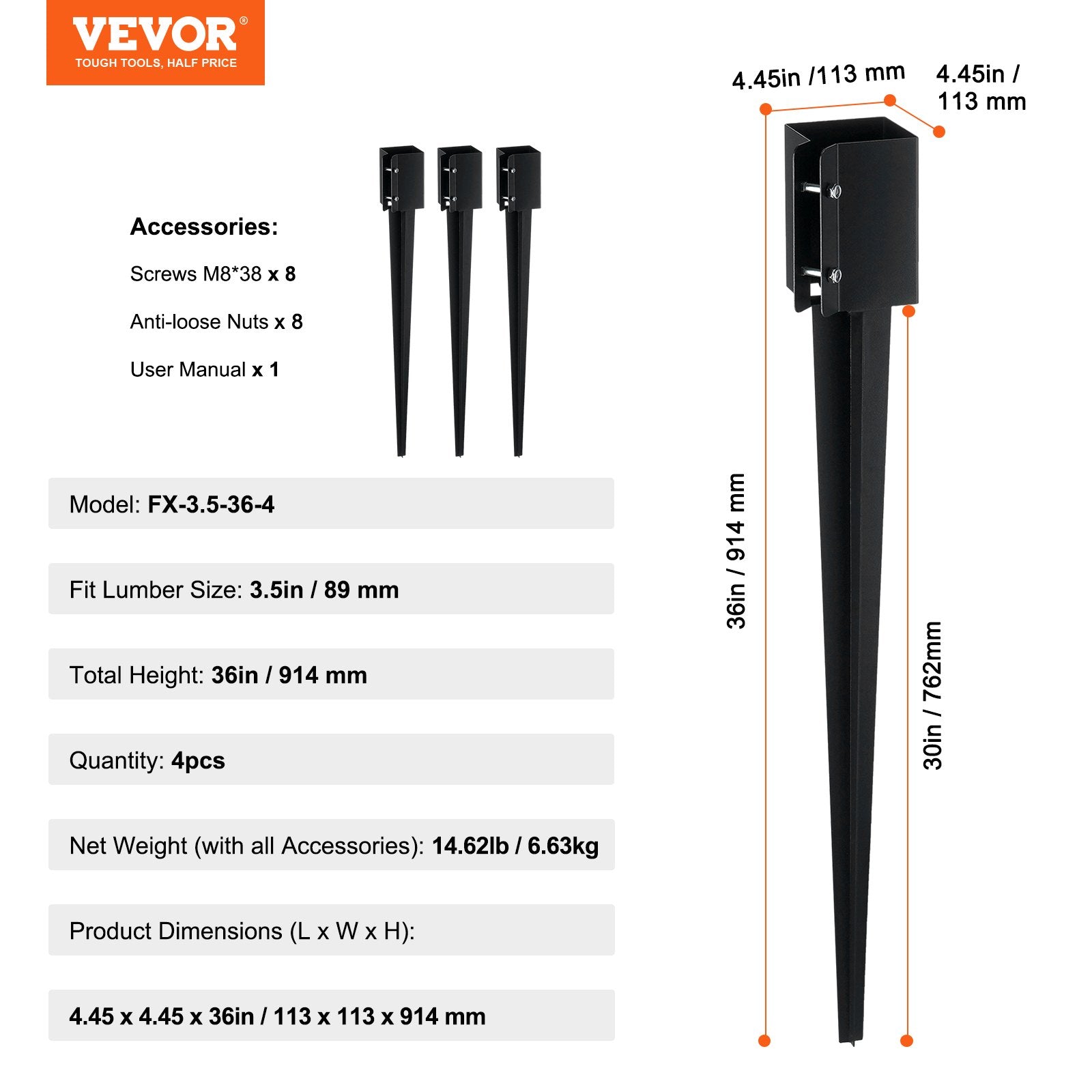 Fencing: VEVOR Fence Post Anchor Ground Spike 4 Pack 36 x 4 x 4 In Metal Fence Stakes