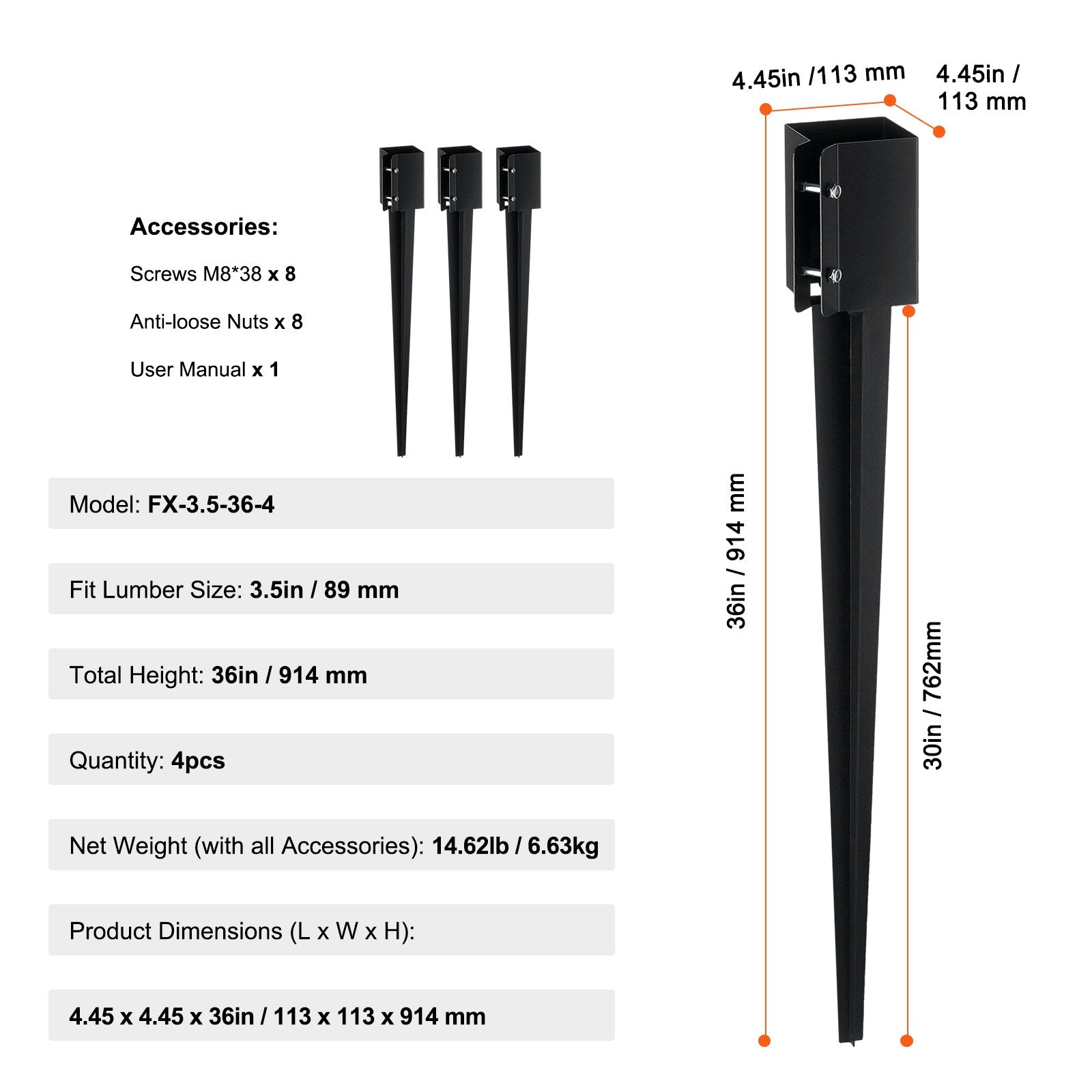 Fencing: VEVOR Fence Post Anchor Ground Spike 4 Pack 36 x 4 x 4 In Metal Fence Stakes
