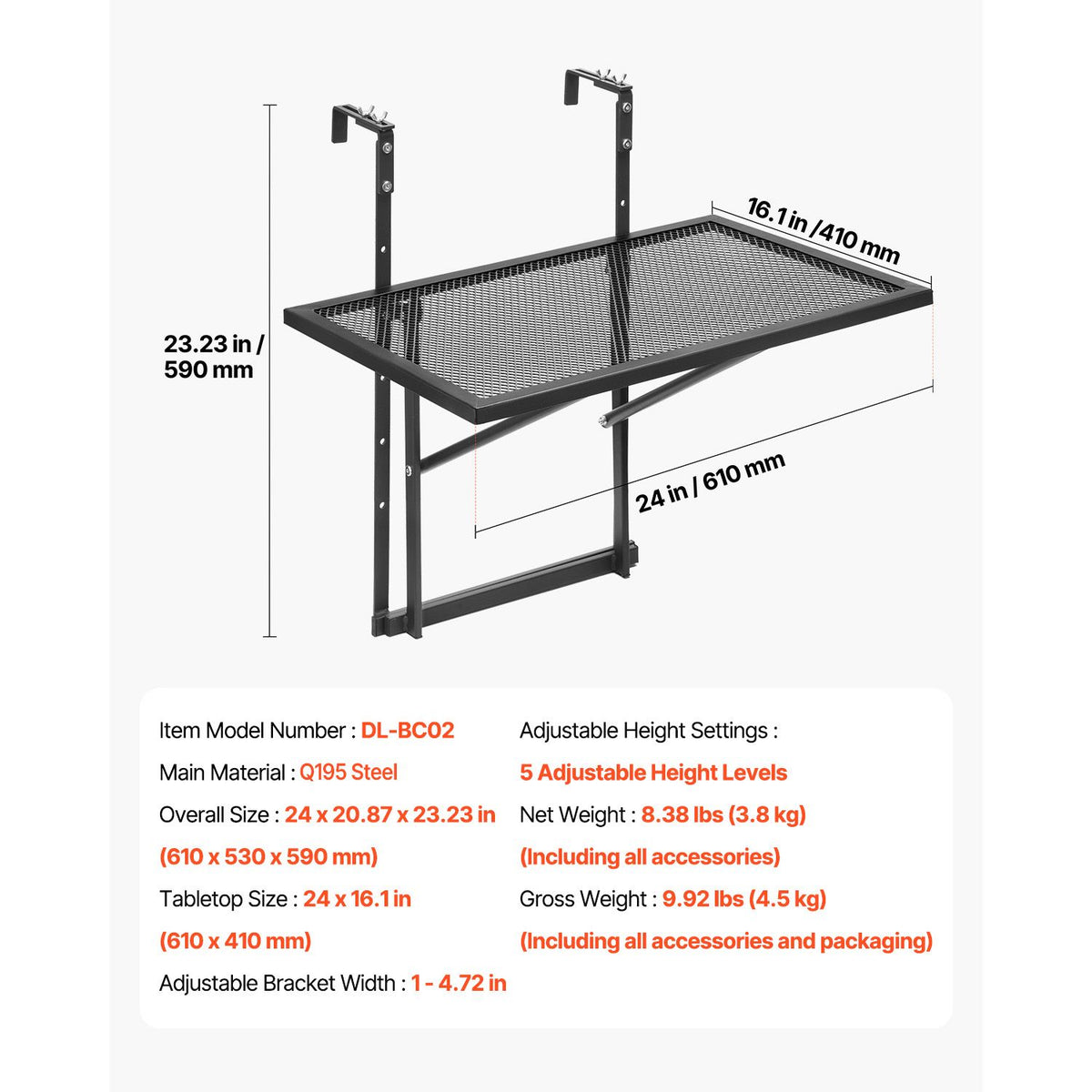 Balcony Hanging Table, 610 x 410 mm Metal Folding Balcony Railing Table, Outdoor Balcony Bar Table for Railings, 5-Level Adjustable, Fit Railing from 1" to 4.7", Serving Table for Patio & Deck