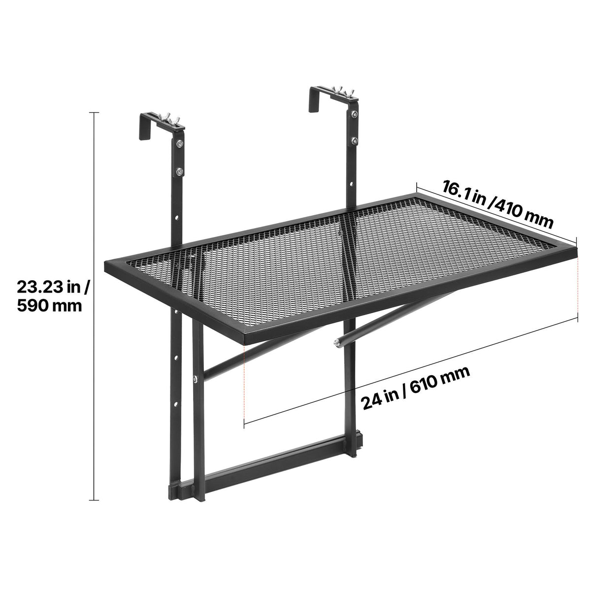 Balcony Hanging Table, 610 x 410 mm Metal Folding Balcony Railing Table, Outdoor Balcony Bar Table for Railings, 5-Level Adjustable, Fit Railing from 1" to 4.7", Serving Table for Patio & Deck