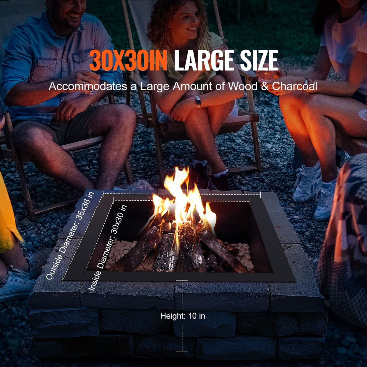 Fire Pit Ring, 36x36 in Outer/30x30 in Inner Diameter, 10inch Height Square Fire Pit Insert, Heavy Duty Carbon Steel Liner DIY Campfire Ring above or In-Ground, for Outdoor Camping, Bonfires